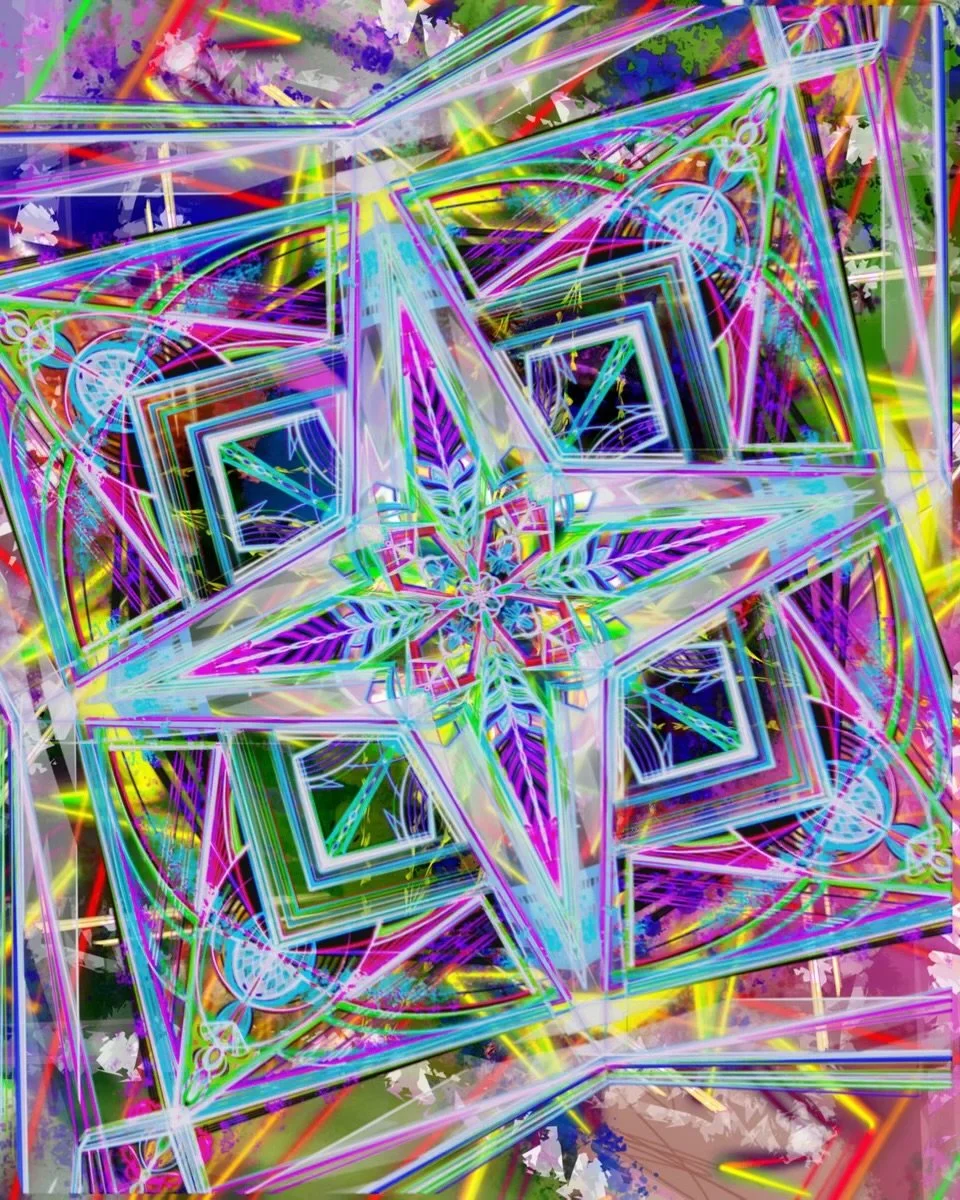 A colorful, abstract digital artwork featuring neon lines and geometric shapes arranged in a complex, symmetrical pattern with a vibrant, chaotic background.