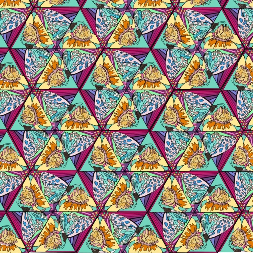 A repeating pattern featuring stylized butterflies with blue patterned wings and orange, yellow, and beige bodies, set against teal background triangles with pink and purple striped borders.