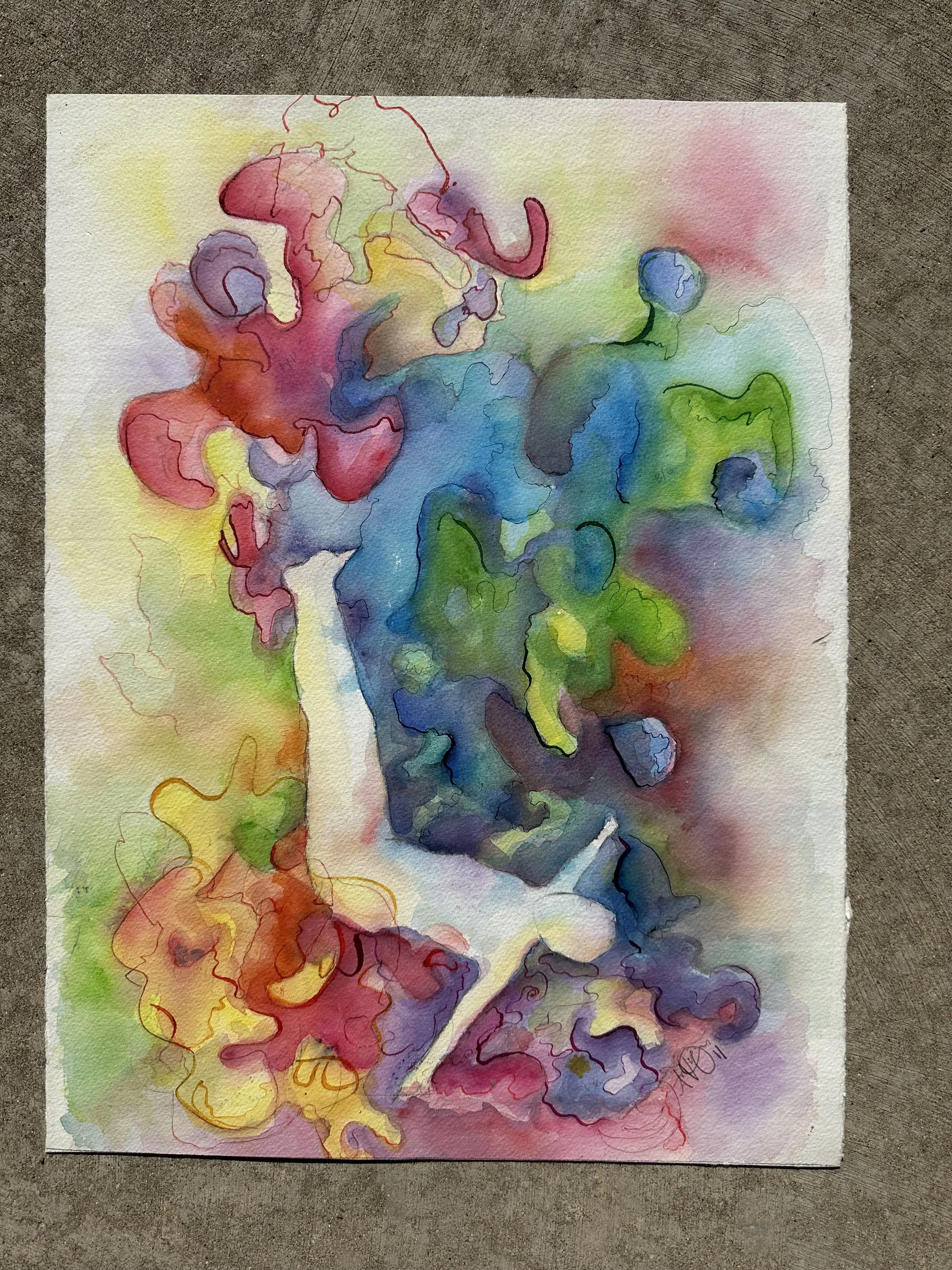 Watercolor painting of a hand holding a smartphone with abstract, colorful background.