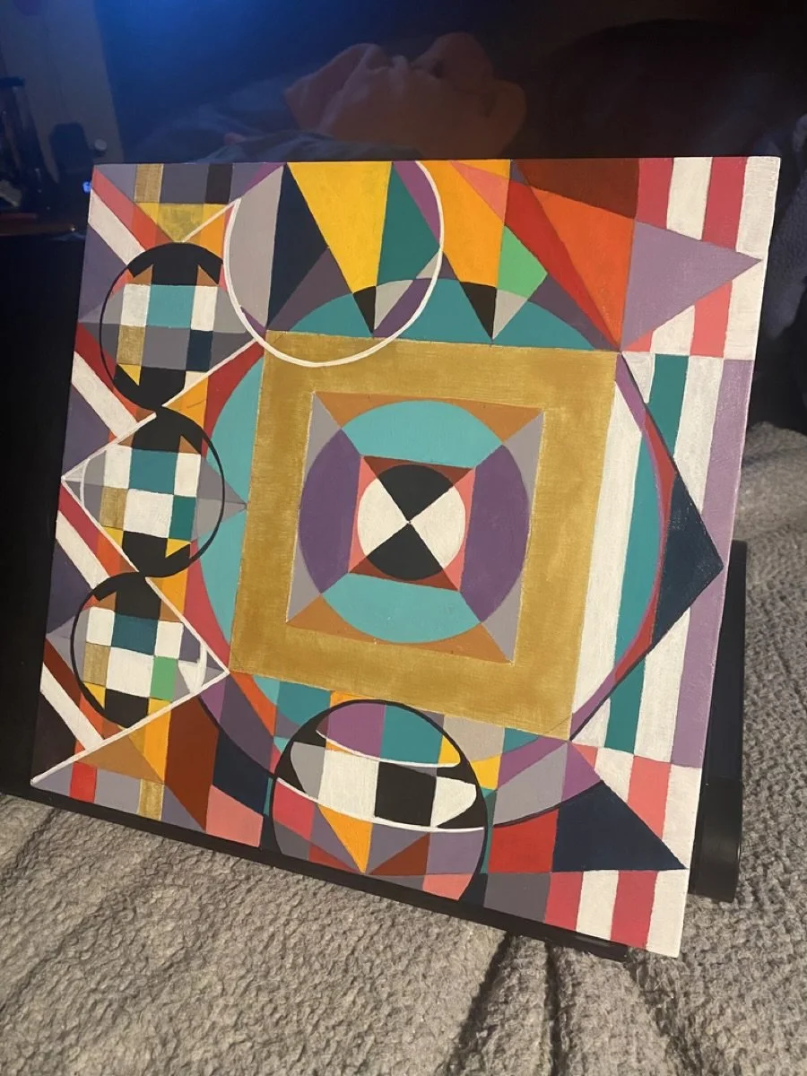 Abstract geometric painting featuring various shapes, circles, squares, and triangles in vibrant colors including red, yellow, teal, black, purple, and white.