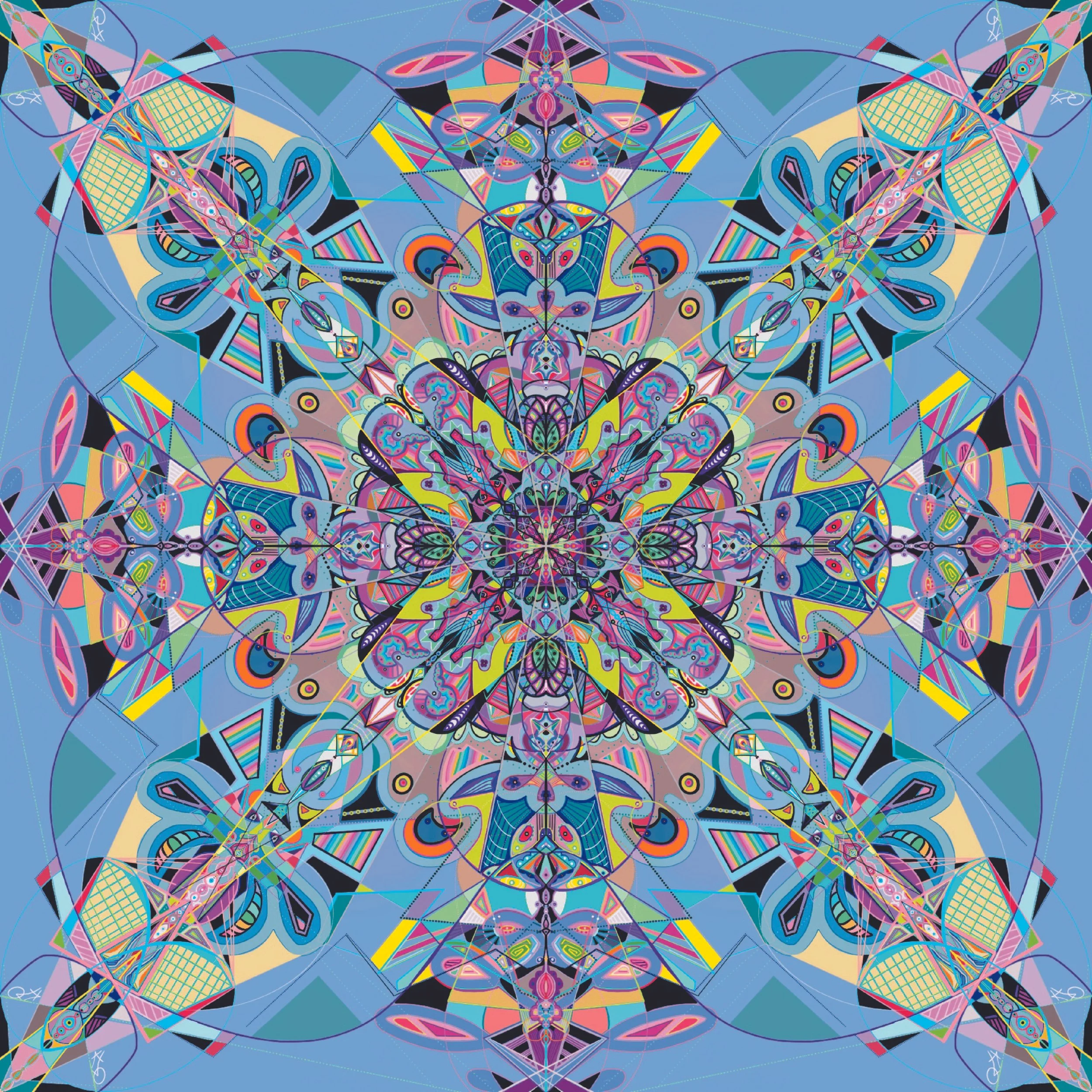 A vibrant, symmetrical abstract digital artwork featuring intricate geometric patterns, colorful lines, and shapes on a predominantly blue background.