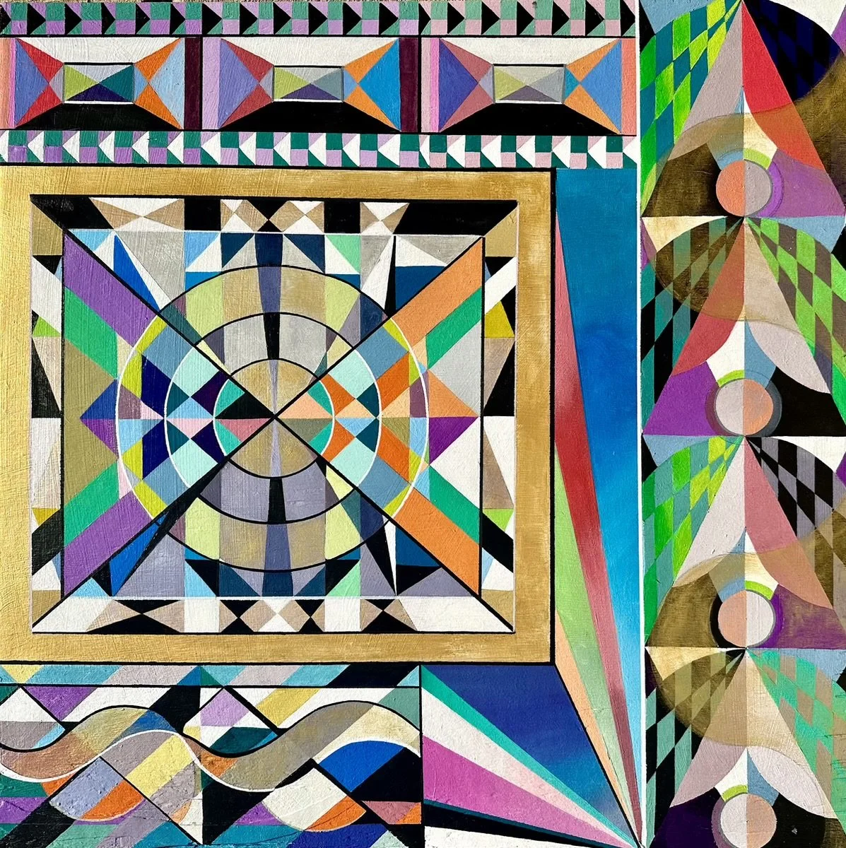 A colorful abstract geometric painting with various shapes, patterns, and vibrant colors including pink, green, blue, purple, orange, and black.