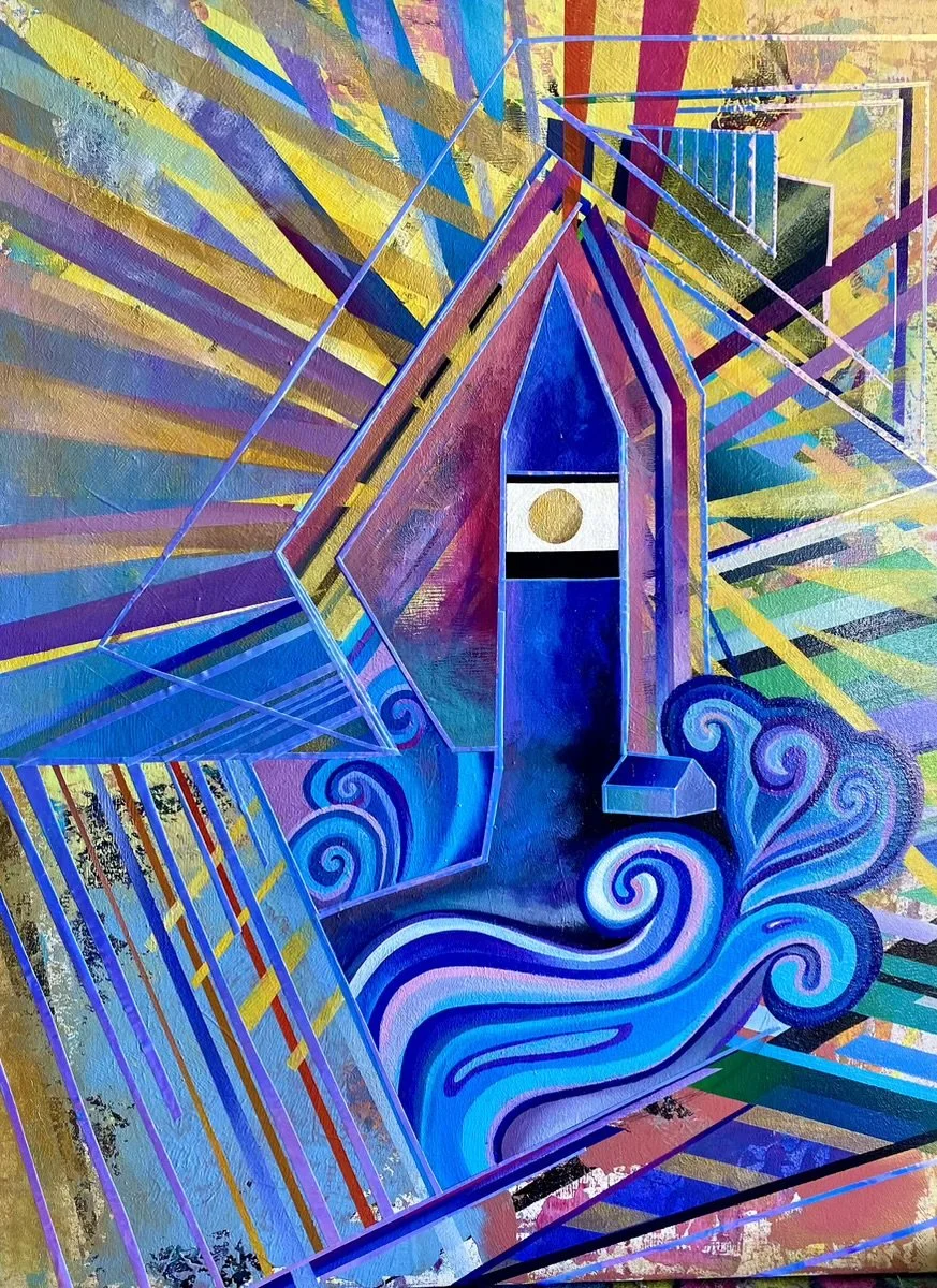 Colorful abstract artwork with swirling blue waves, geometric shapes, and vibrant rays of yellow, red, blue, and green.