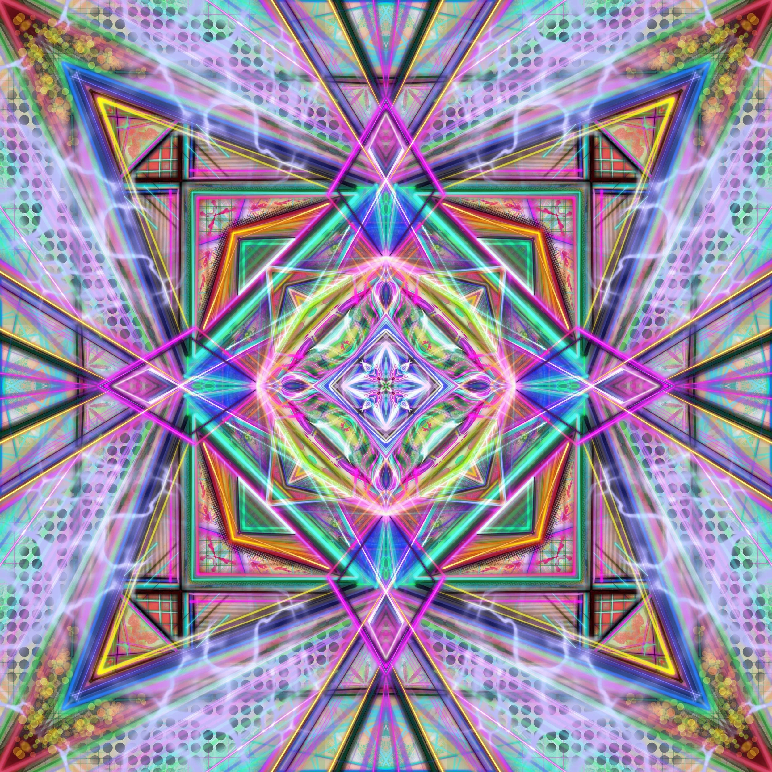 A colorful, symmetrical abstract digital artwork with neon lines and geometric shapes, creating a kaleidoscopic pattern.