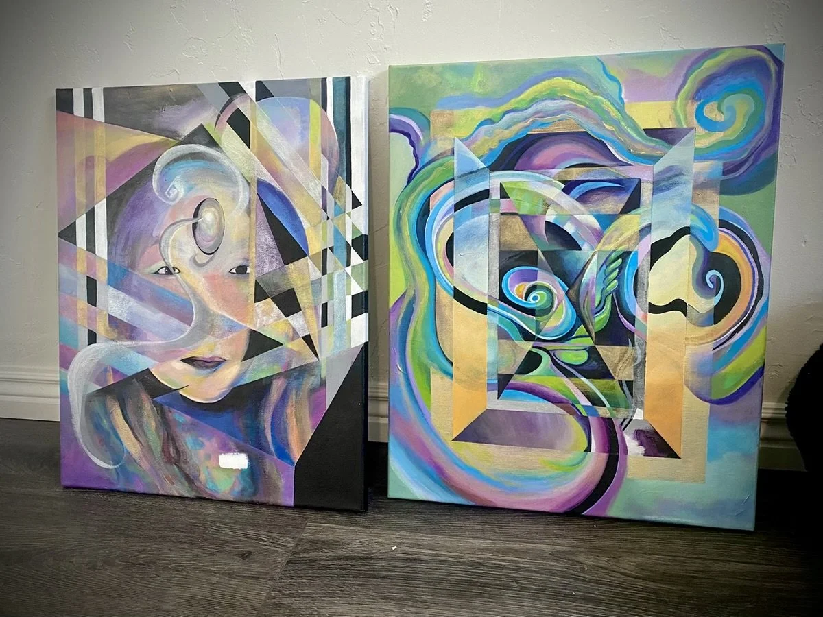 Two abstract paintings with geometric shapes, swirls, and a woman's face on the left.