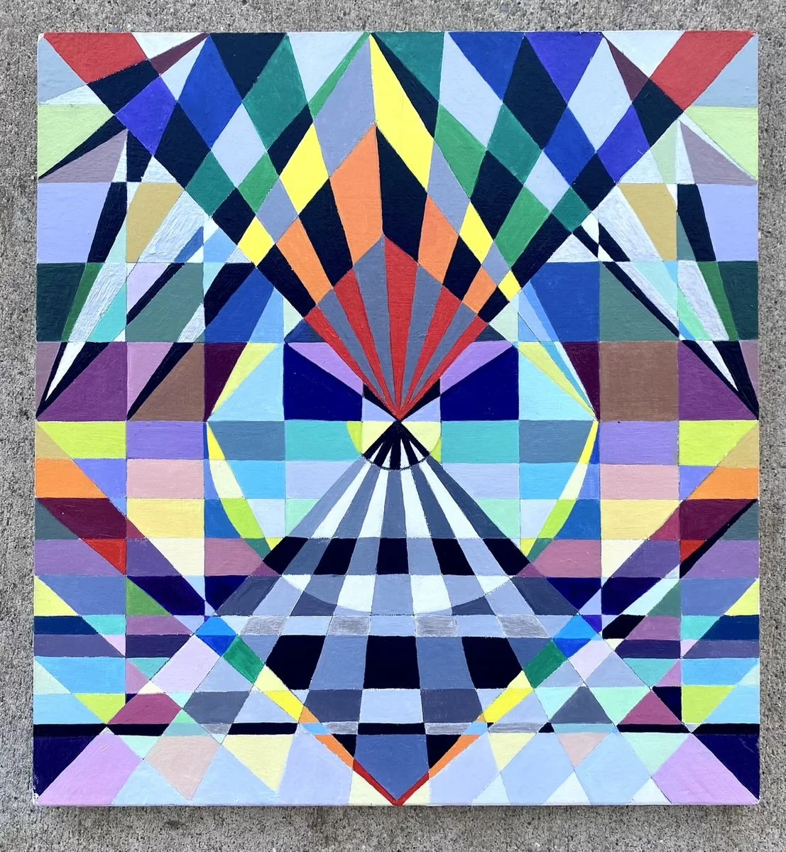 Geometric abstract artwork with colorful triangles, diamonds, and lines creating a symmetrical pattern resembling an owl face with vibrant colors like red, blue, green, black, and yellow.