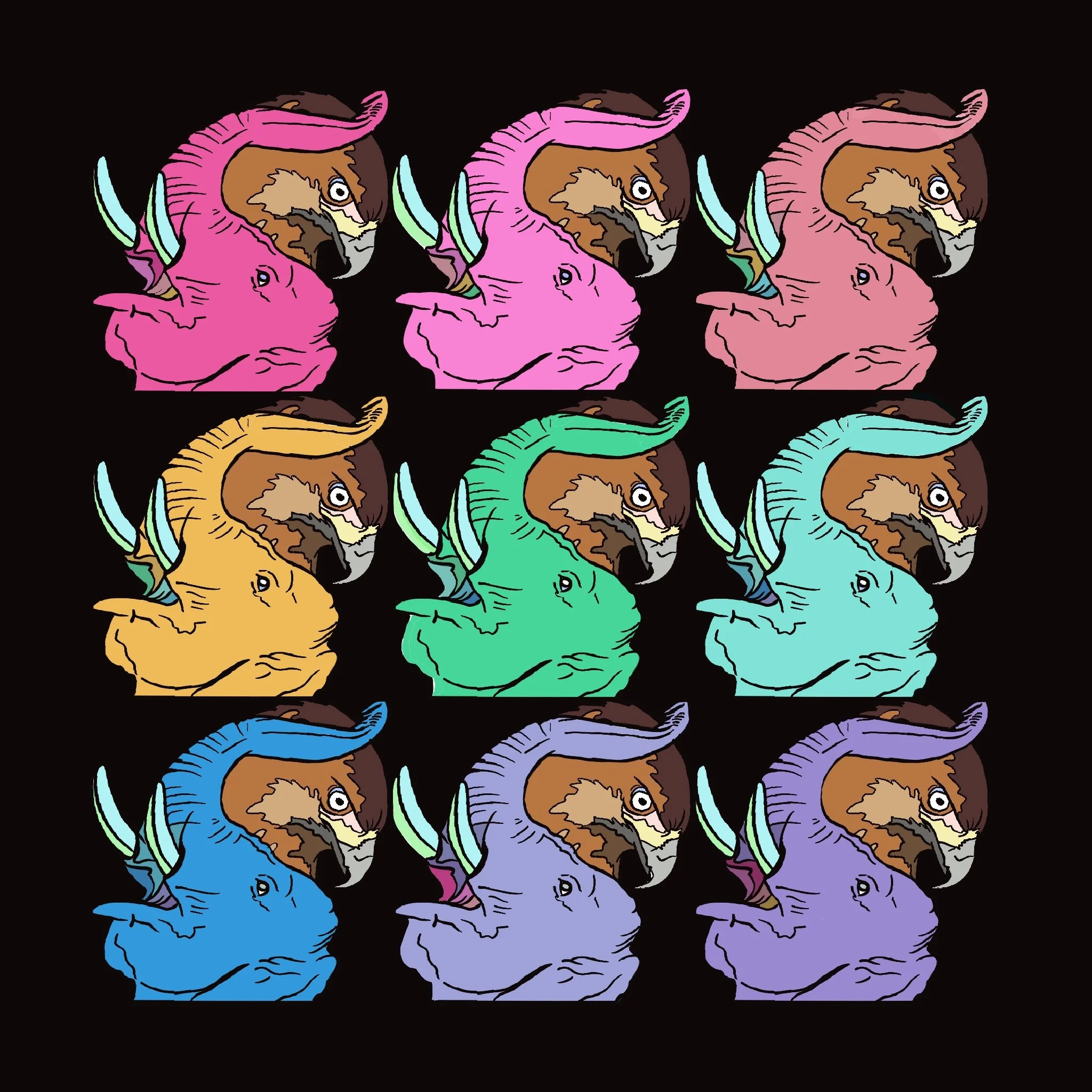 A grid of twelve cartoon rhinoceros head illustrations in various pastel colors on a black background.