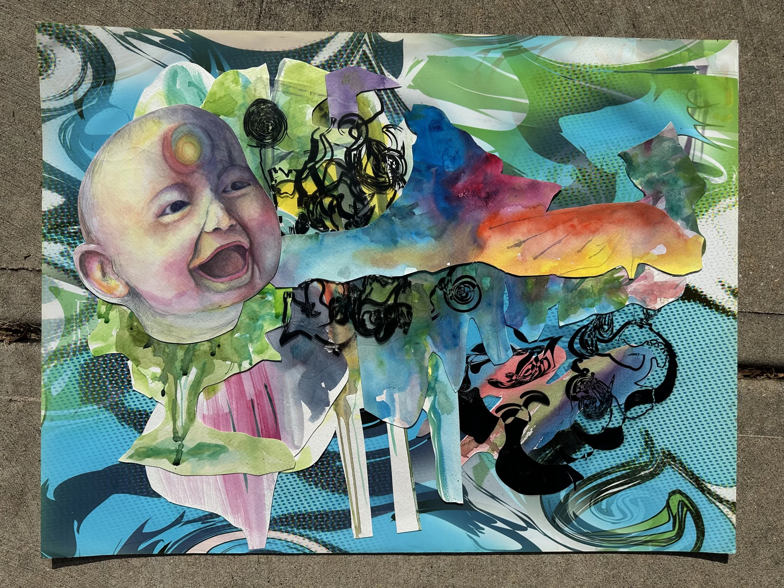 Mixed media artwork featuring a child's face with an open mouth, combined with colorful abstract and illustrative elements, including black ink doodles, watercolor splashes, and patterned backgrounds.