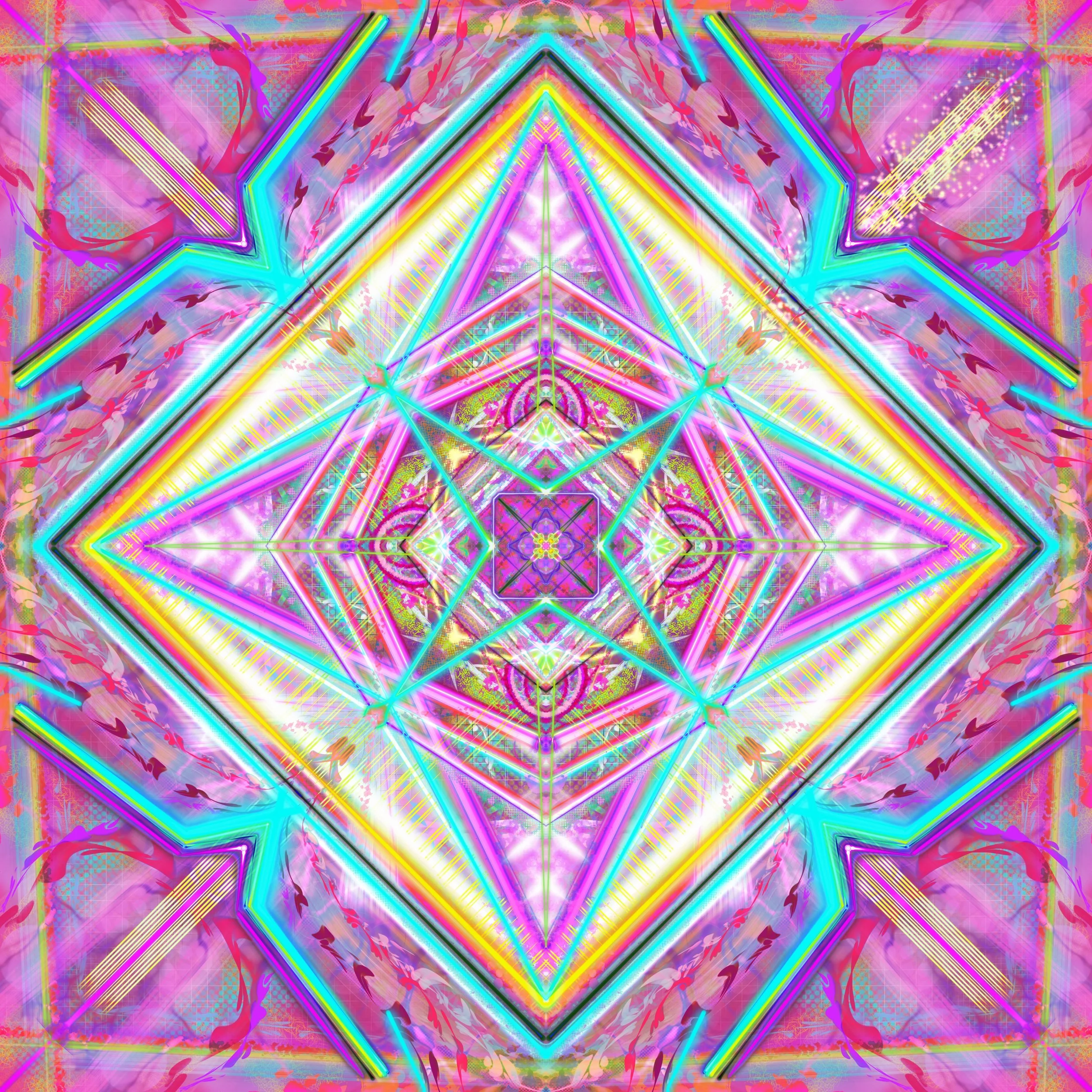 A vibrant, symmetrical digital artwork with neon colors and geometric patterns, featuring a central star shape surrounded by layered lines, shapes, and abstract designs in pink, blue, yellow, and green.