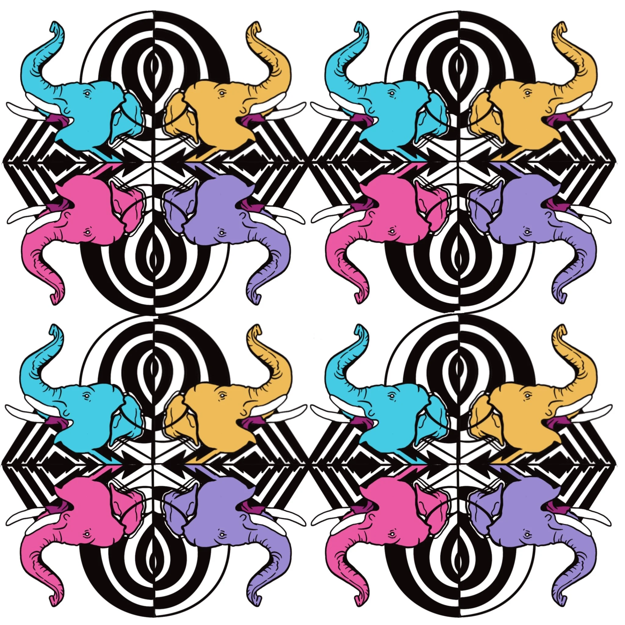 A repeating pattern of colorful elephants facing each other with an optical black and white spiral background.
