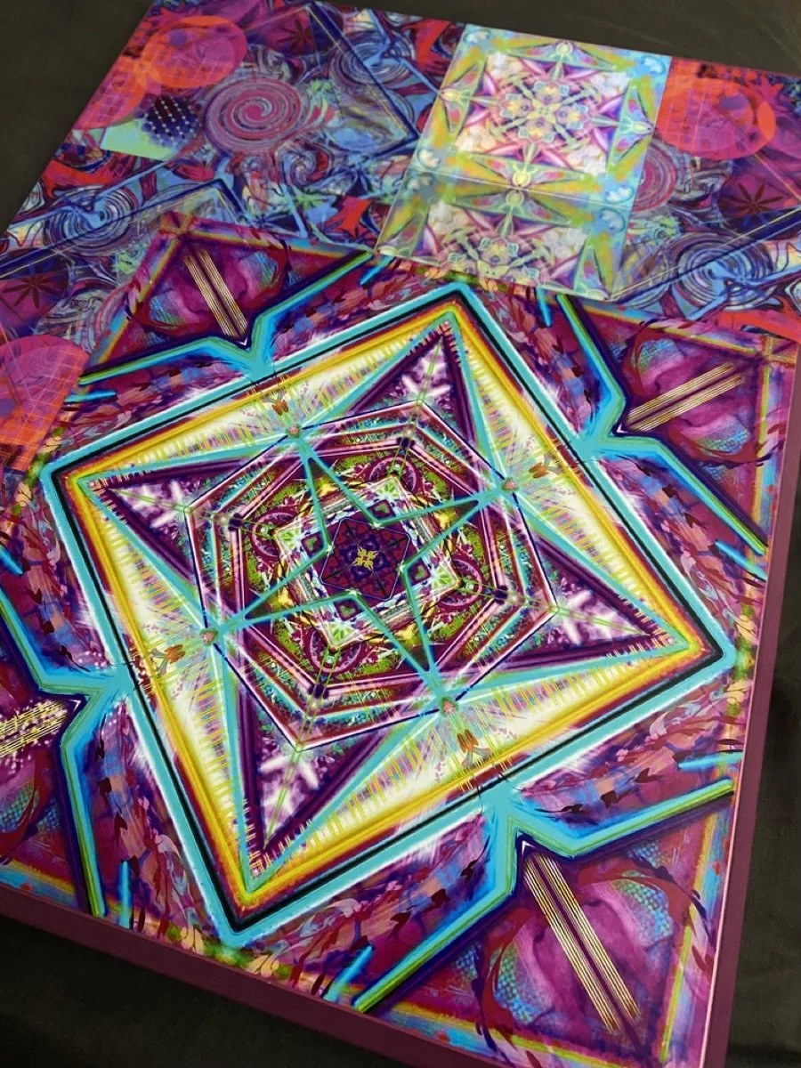 Colorful, vibrant geometric and psychedelic artwork with neon lines, symmetrical patterns, and kaleidoscopic design.