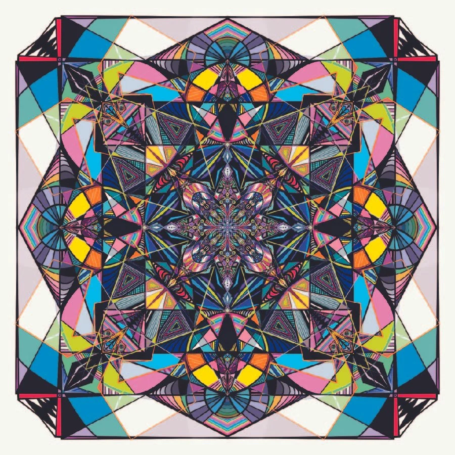 Colorful geometric and symmetrical abstract pattern with various shapes and vibrant colors.