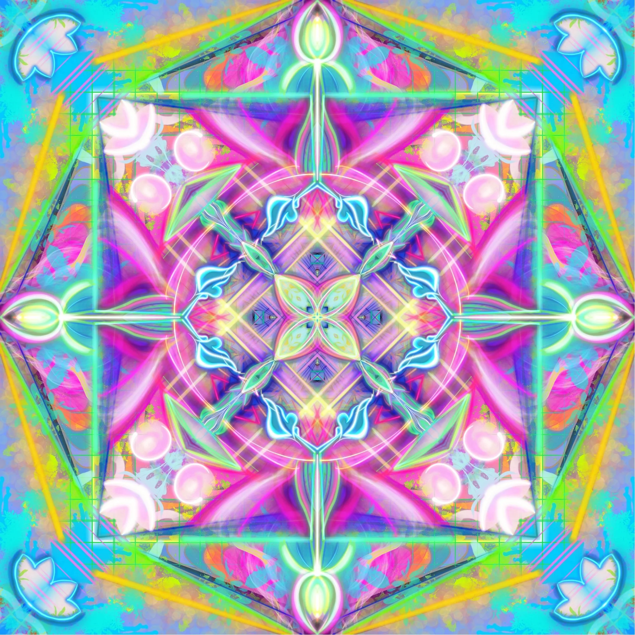 A vibrant, symmetrical digital artwork with neon pink, green, blue, and yellow colors, featuring abstract floral and geometric patterns.