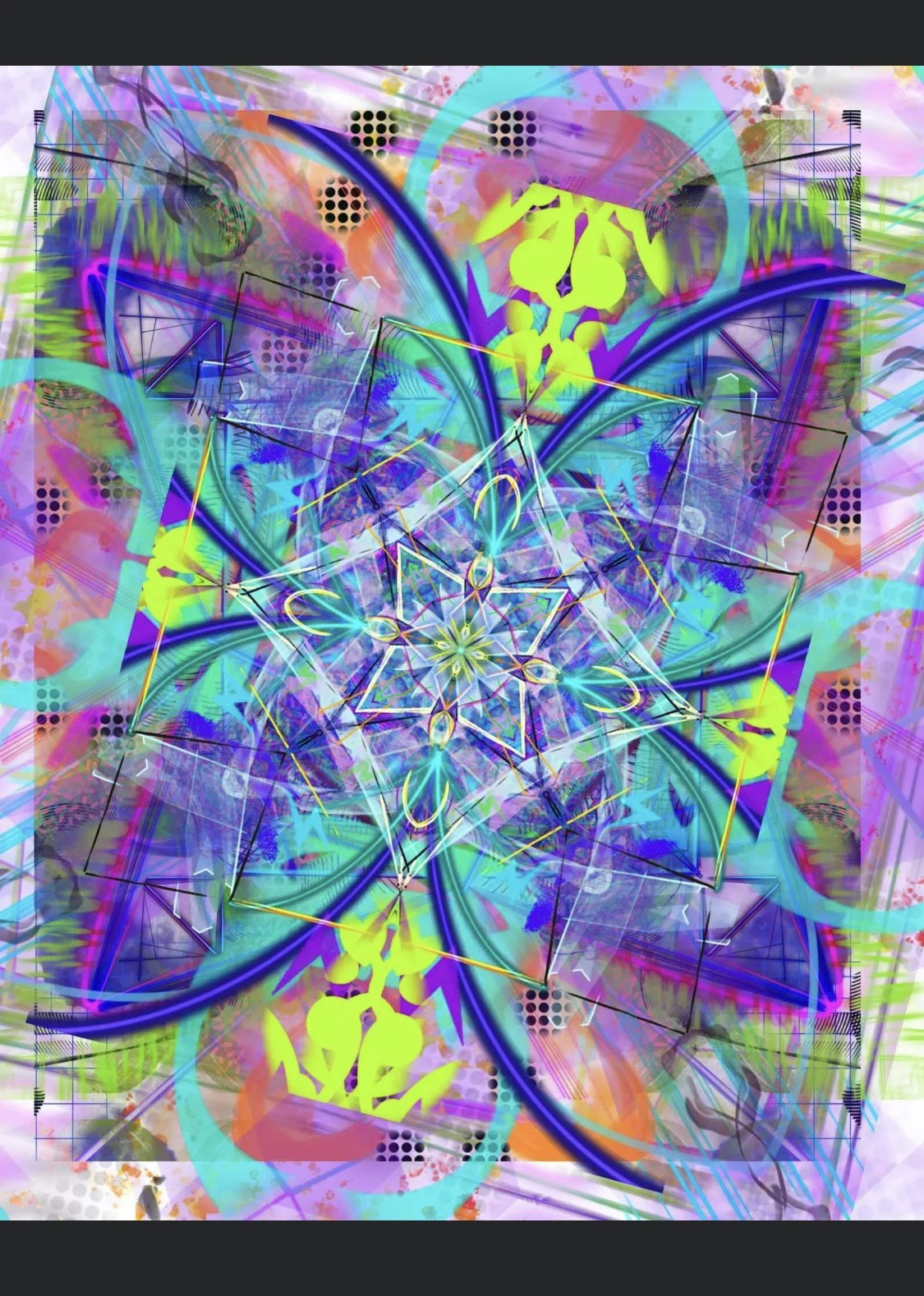 A vibrant, colorful abstract digital artwork featuring geometric shapes, neon lines, and intricate patterns in shades of blue, purple, yellow, and pink.