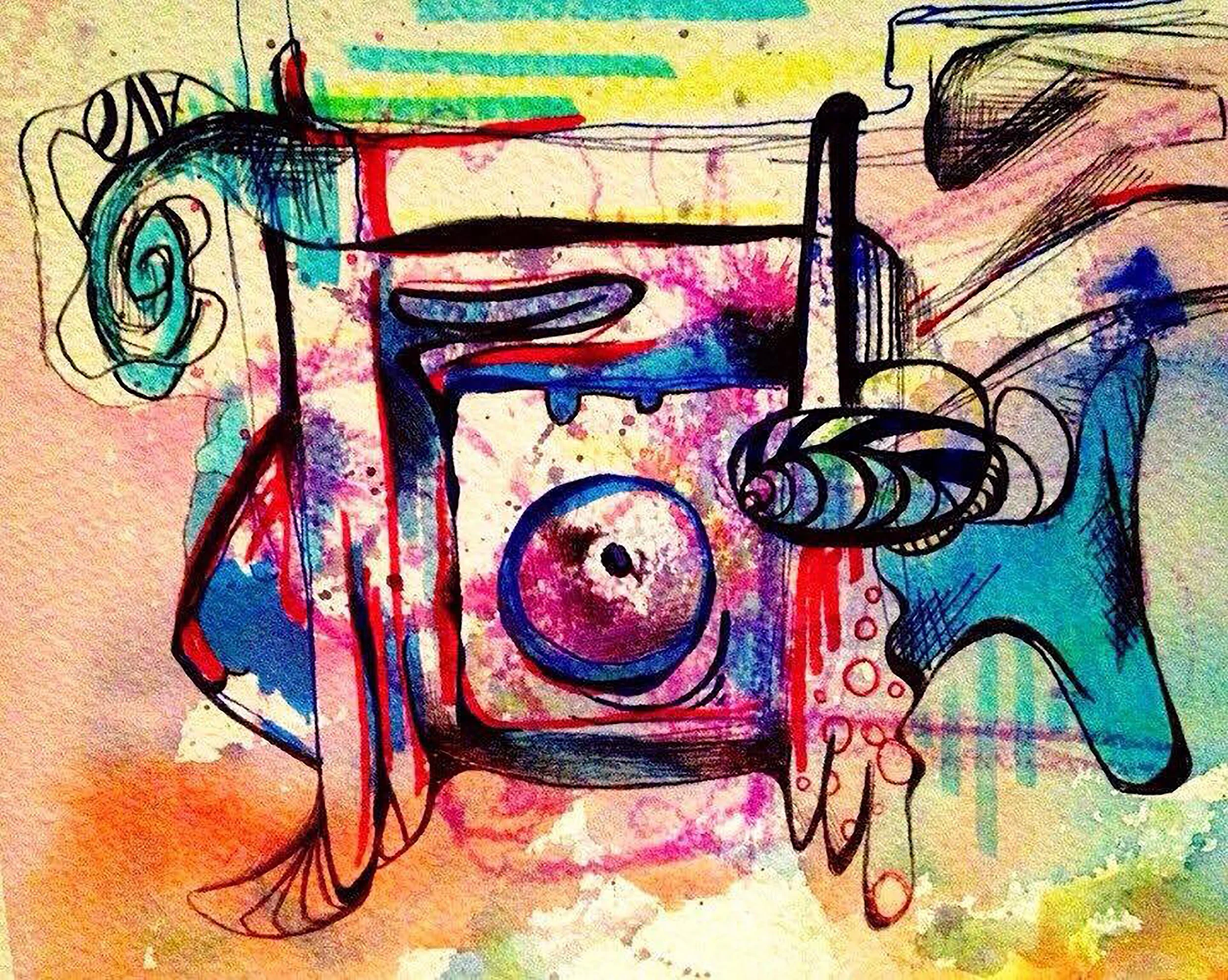 Abstract watercolor painting of a vintage camera with a hand holding it, rendered in vibrant colors with loose, expressive lines.
