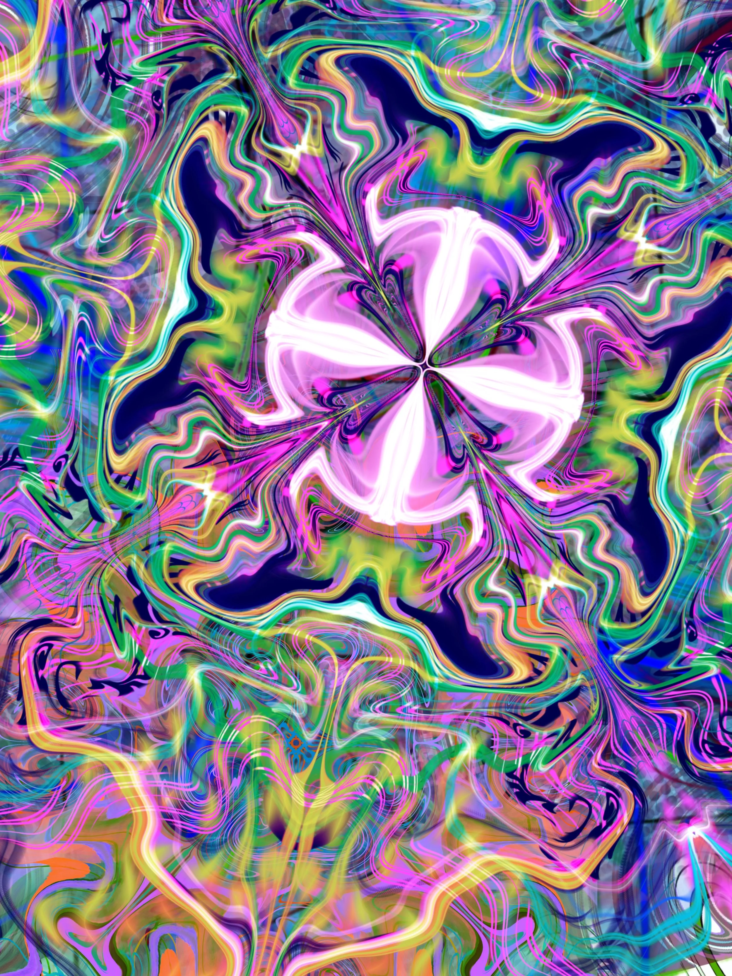Abstract digital artwork with swirling neon colors and a central pink and white flower-like shape.