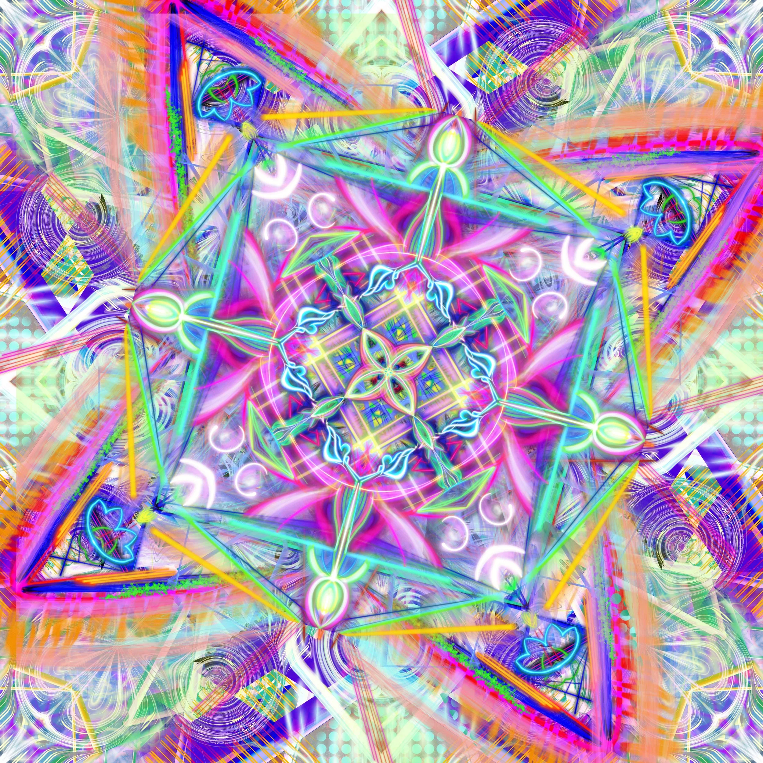 A vibrant and colorful neon kaleidoscopic pattern with abstract geometric shapes, floral motifs, and intricate designs in pink, blue, green, yellow, and purple hues.