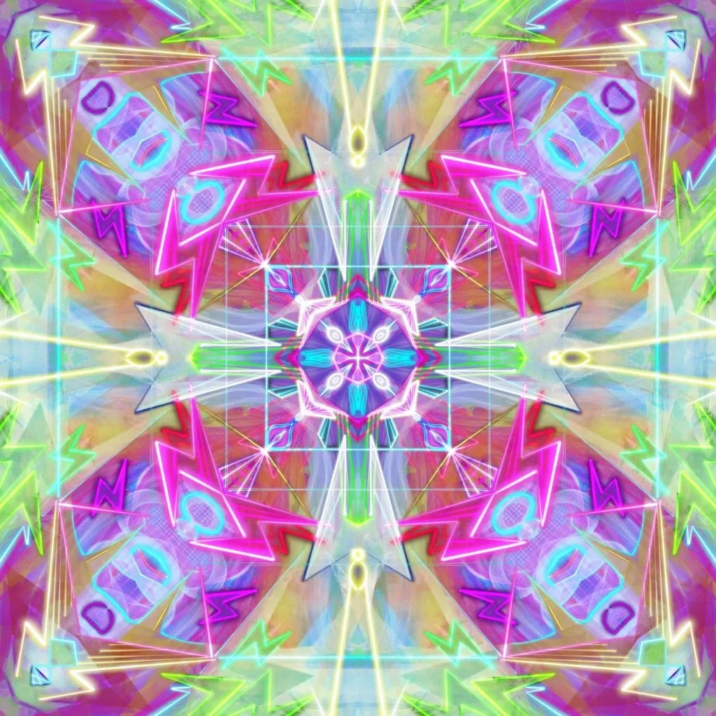 A colorful neon abstract geometric kaleidoscope pattern with symmetrical shapes, lightning bolt motifs, and vibrant rainbow colors.