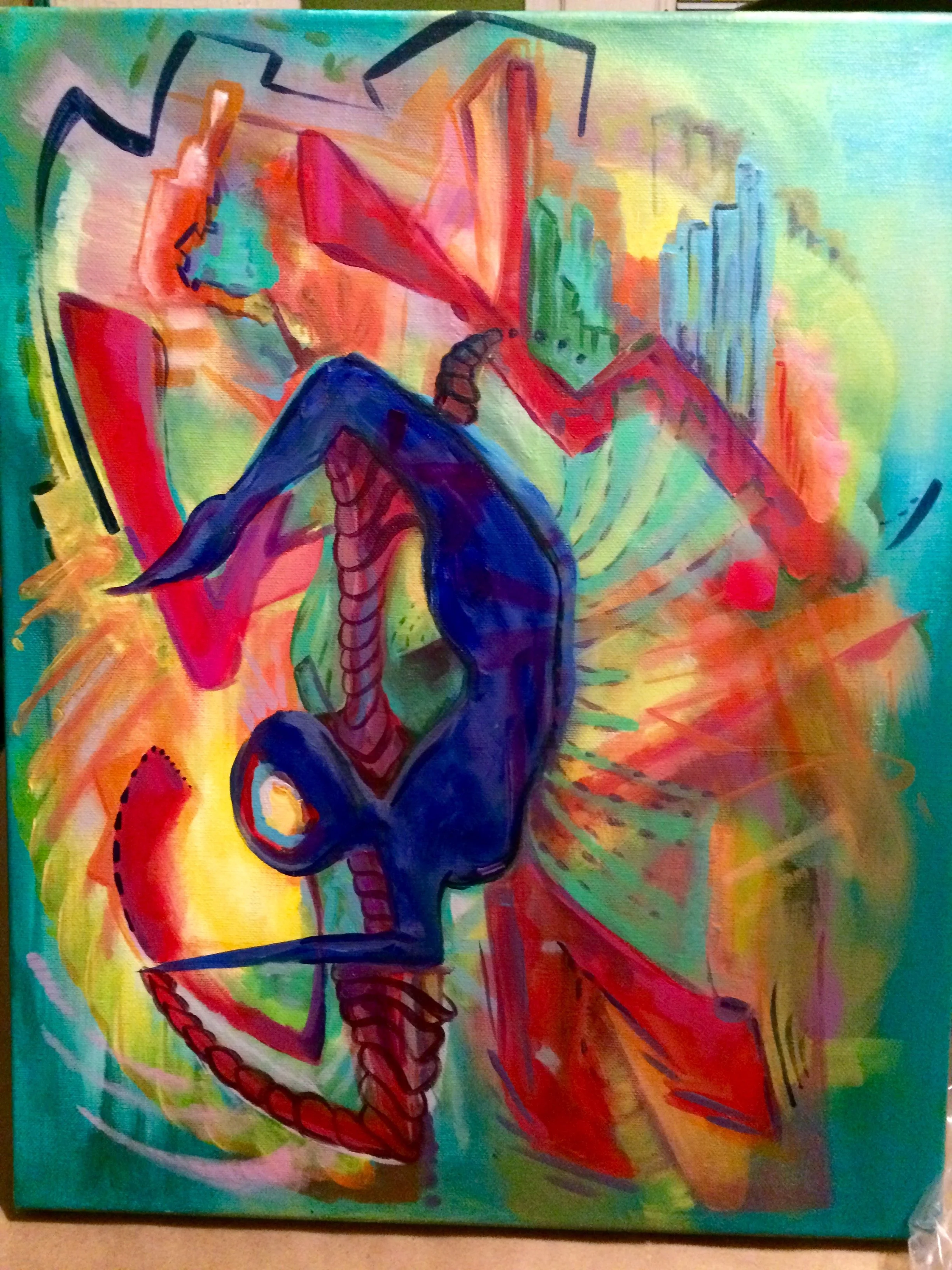 Abstract painting of a praying mantis with vibrant colors, surrounded by energetic strokes and geometric shapes.