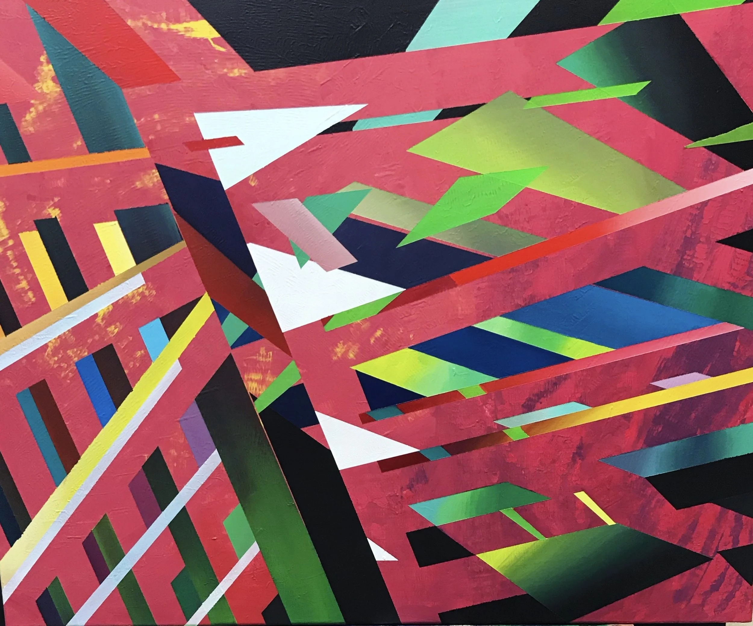 Abstract geometric artwork with vibrant colors including pink, green, blue, white, black, and yellow, featuring shapes such as triangles, rectangles, and lines.