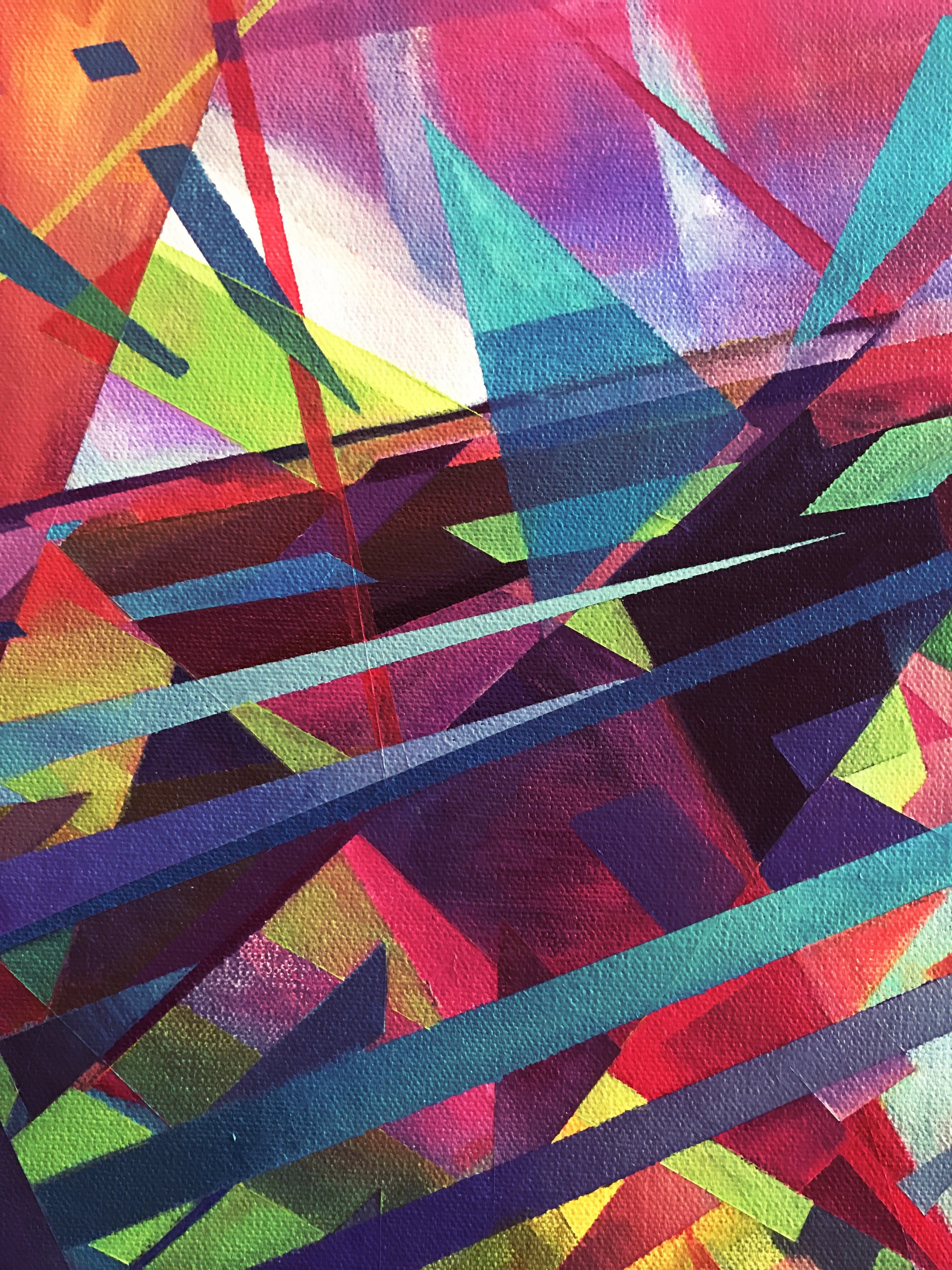 Close-up of an abstract colorful geometric painting with various intersecting lines and shapes in bright colors.