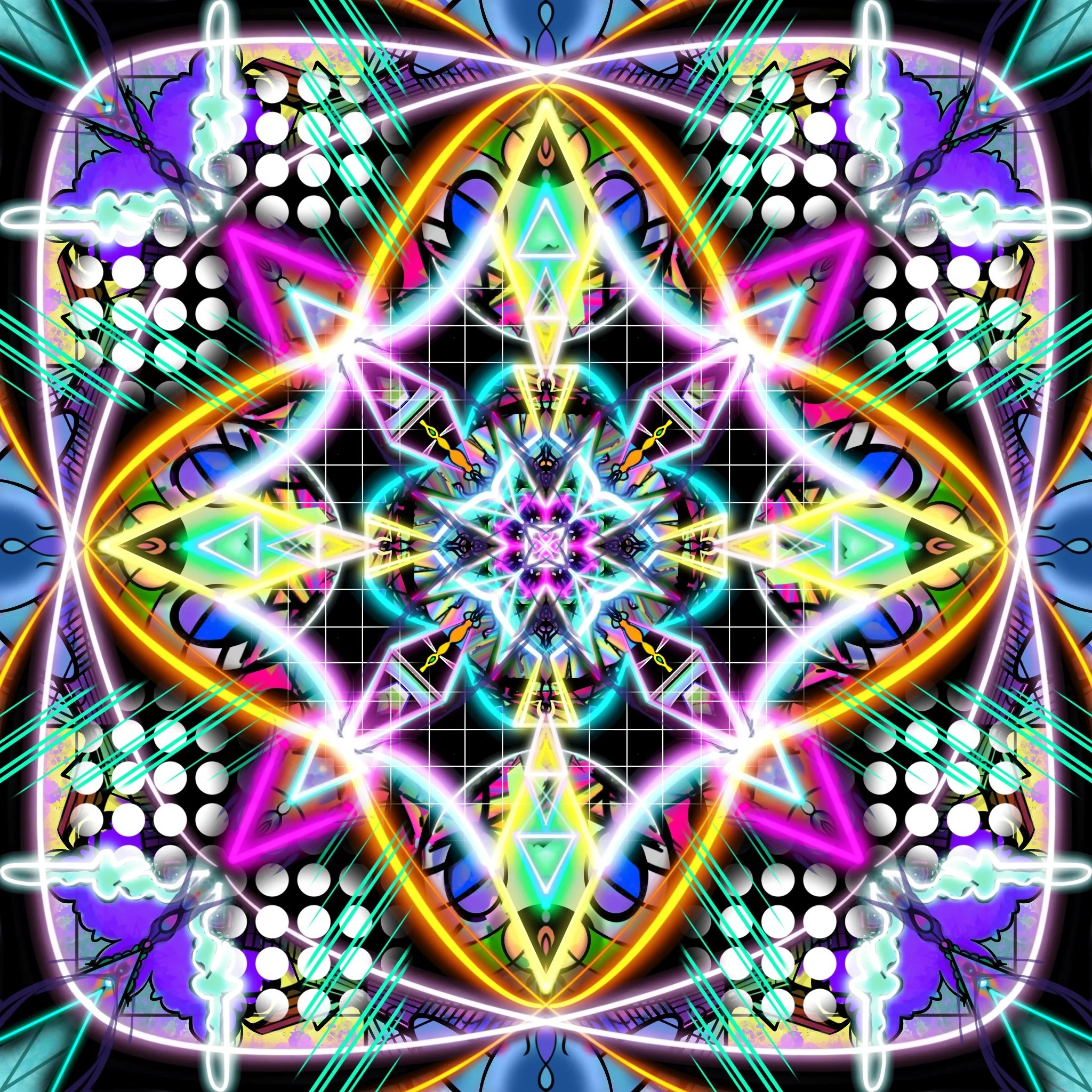A vibrant, symmetrical digital artwork with neon colors, geometric patterns, and abstract light effects creating a kaleidoscopic design.