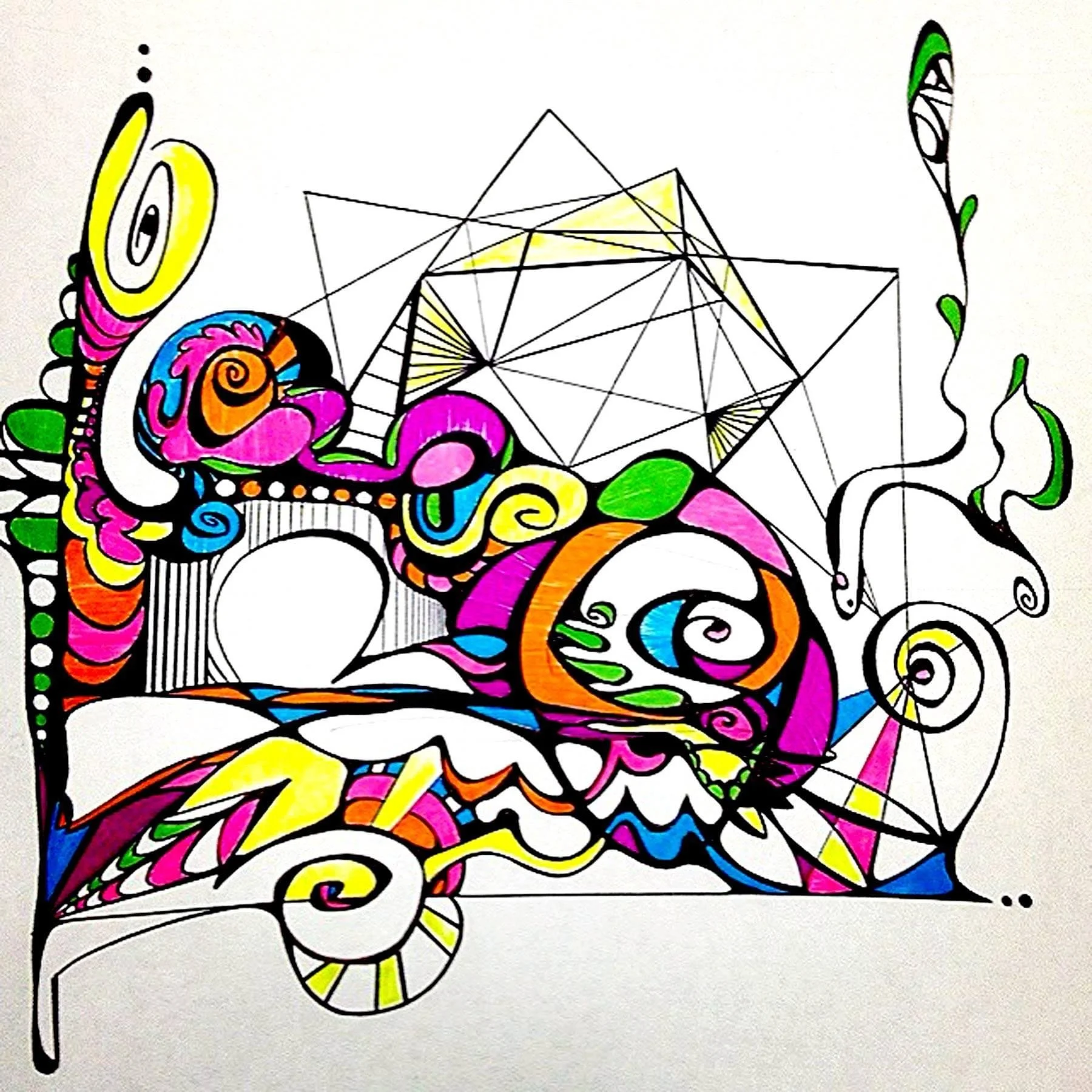 Colorful abstract drawing with swirling patterns, geometric shapes, and lines.