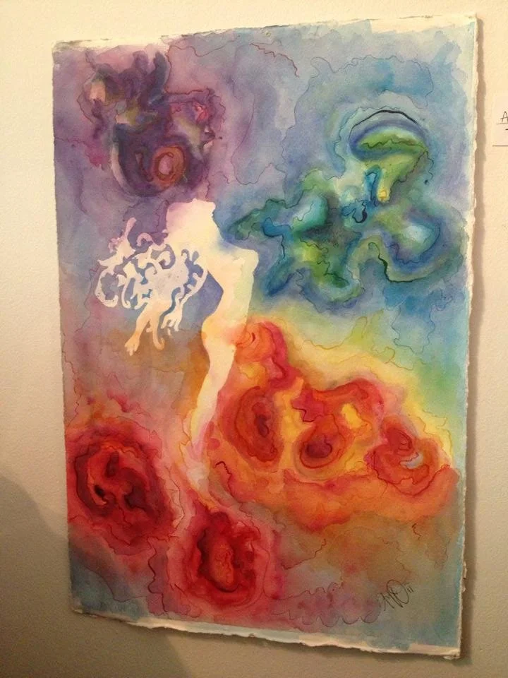 Abstract watercolor painting with swirling colors of purple, blue, green, yellow, orange, and red. The artwork features fluid shapes and textures with a whimsical, dreamlike quality.