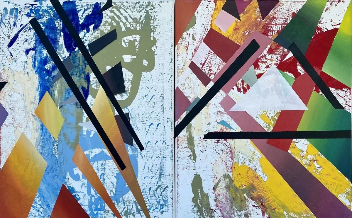 Abstract split painting with geometric shapes and vibrant colors. The left side features primarily blue and black with textured background and beige and yellow accents. The right side showcases red, green, yellow, and pink shades with scattered brush