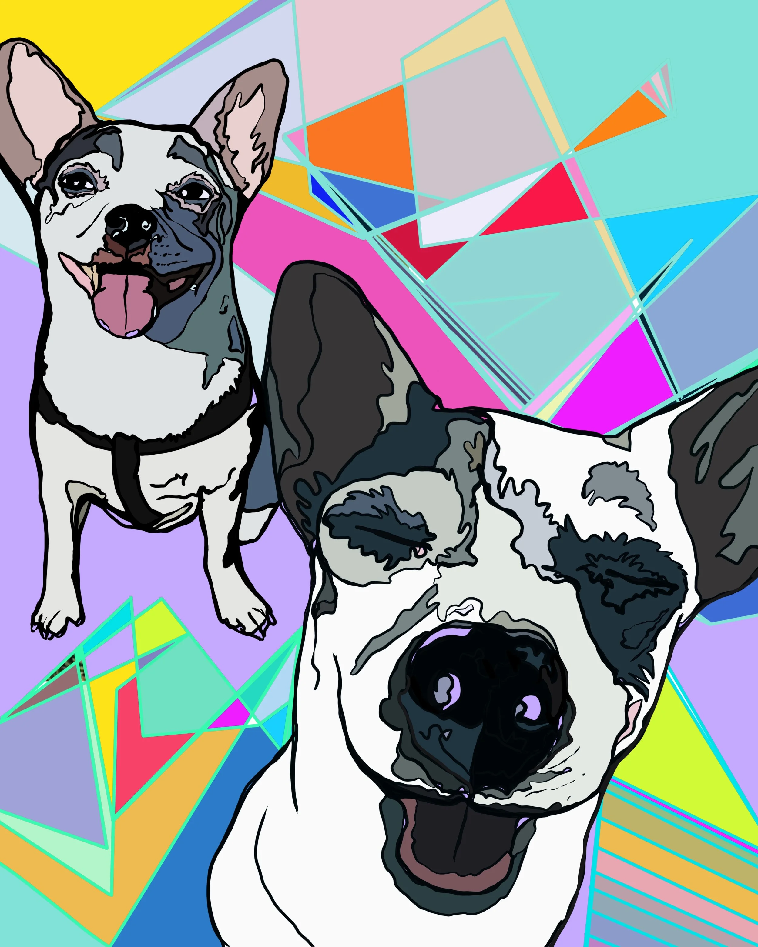 Digital illustration of two happy dogs, one standing and the other lying down, with colorful geometric background.