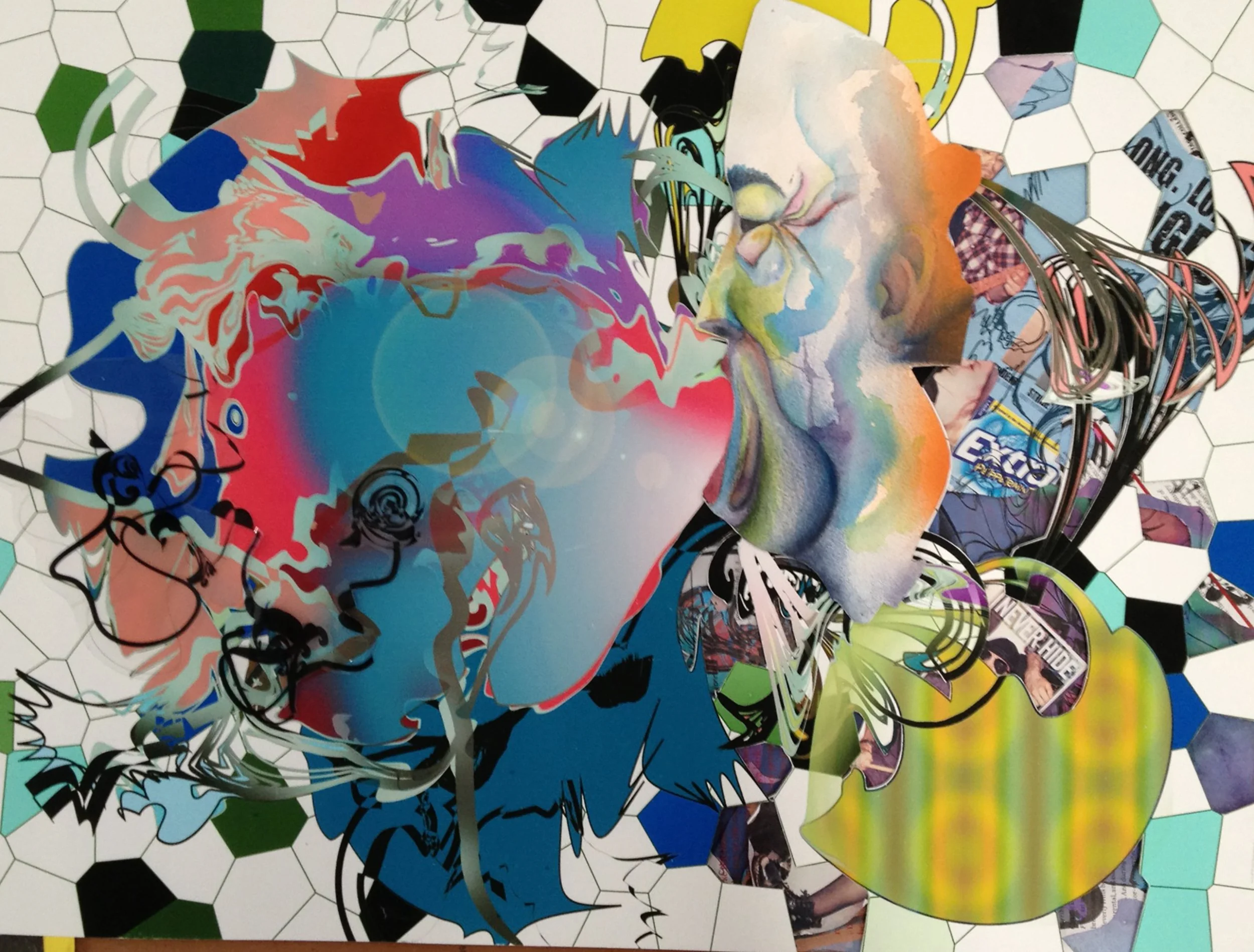 An abstract collage featuring a combination of colorful illustrations, graffiti, and cut-out images layered on a hexagonal tile background.