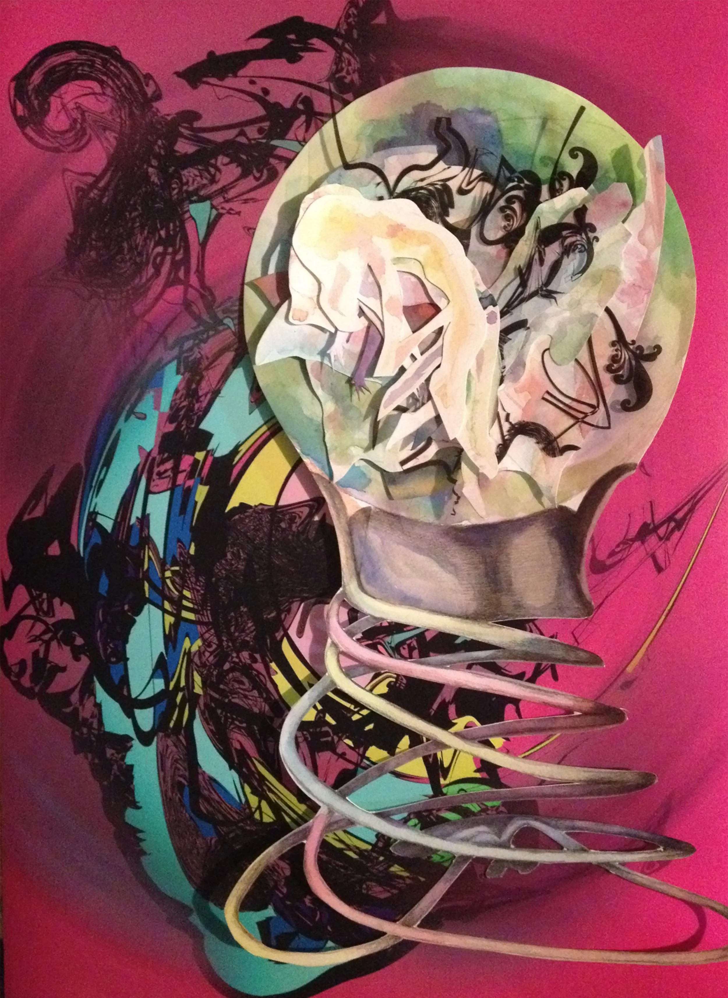 Abstract art installation featuring a sculpted flower with layered paper or fabric petals on a pink background with colorful and black scribbles and patterns.