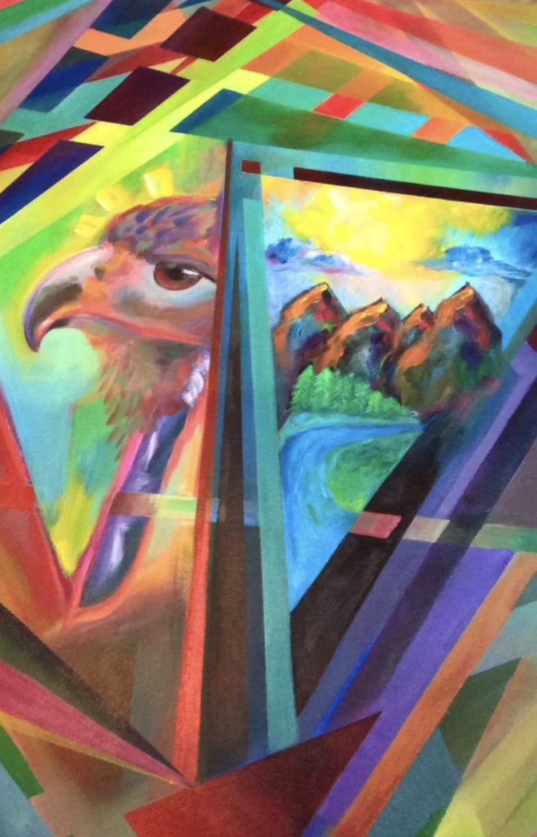 Colorful abstract painting featuring an eagle's head on the left and a mountain landscape with a river on the right, all framed within geometric shapes.