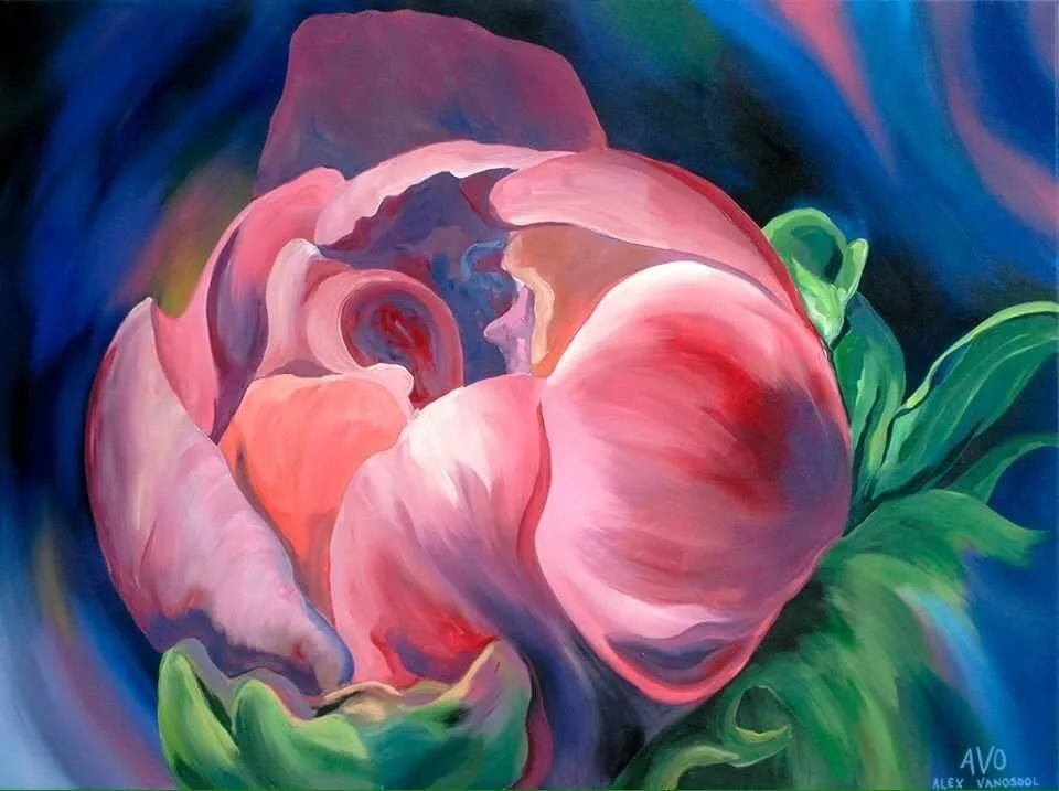 A colorful, abstract painting of a pink peony flower with green leaves against a blue background.