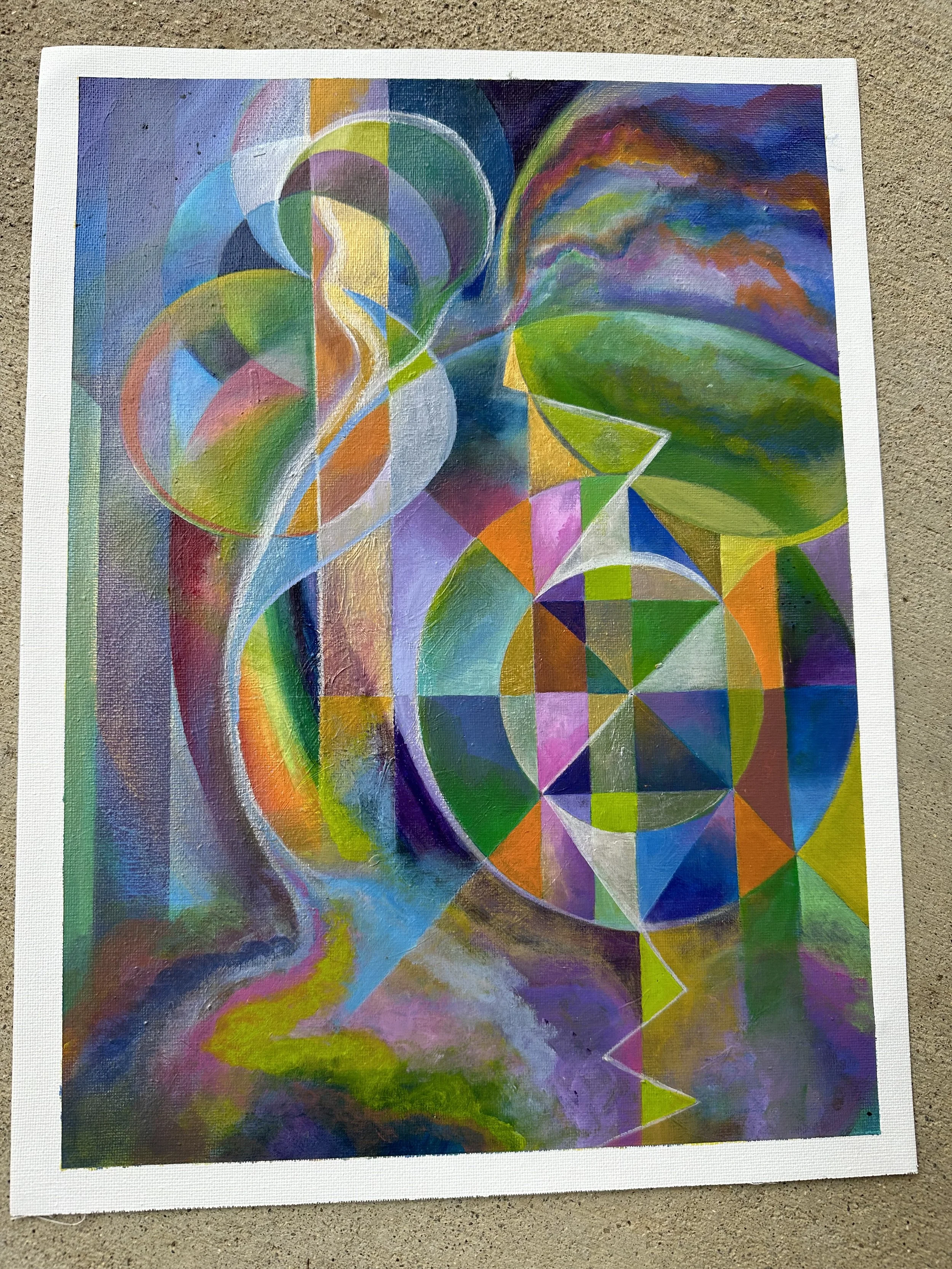 Abstract geometric painting with vibrant colors, shapes, and patterns, including circles, triangles, and curved lines.