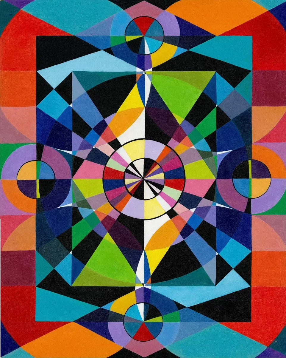 Abstract geometric painting with concentric circles, triangles, rectangles, and vibrant colors including black, white, red, blue, green, orange, purple, and yellow.