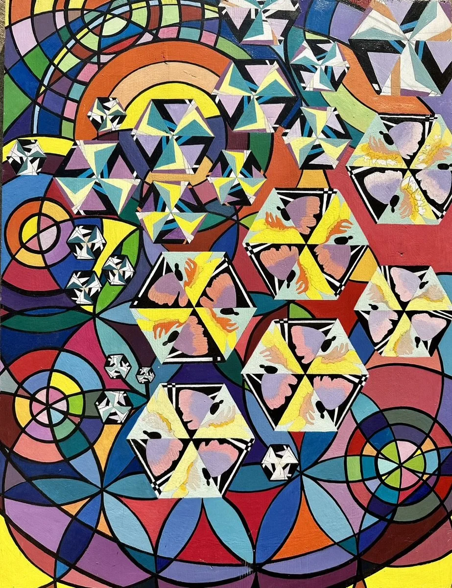 Abstract geometric artwork with colorful concentric circles, triangles, and hexagons, featuring black outlines, pastel butterflies, and spirals.