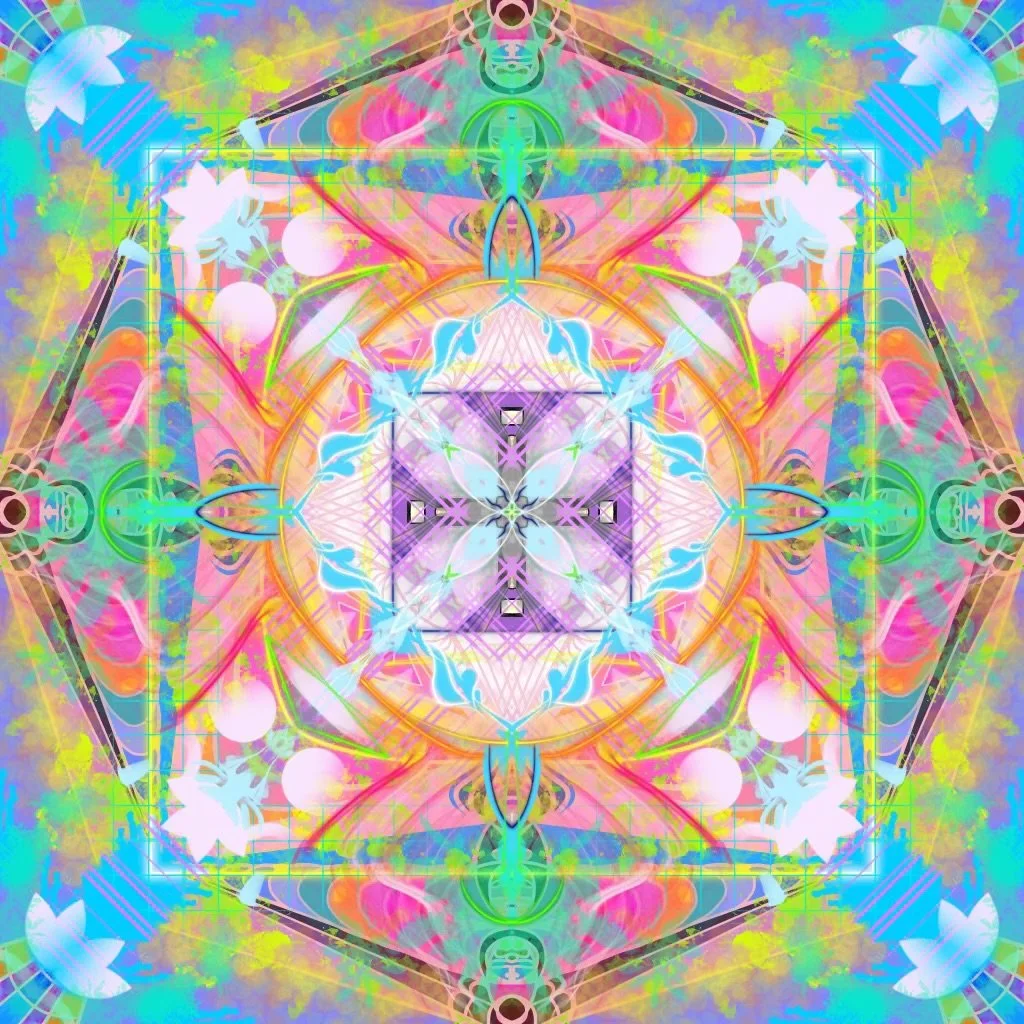 A colorful, symmetrical abstract pattern with bright pastel colors including pink, blue, green, purple, and yellow, featuring geometric shapes, floral motifs, and swirling lines.