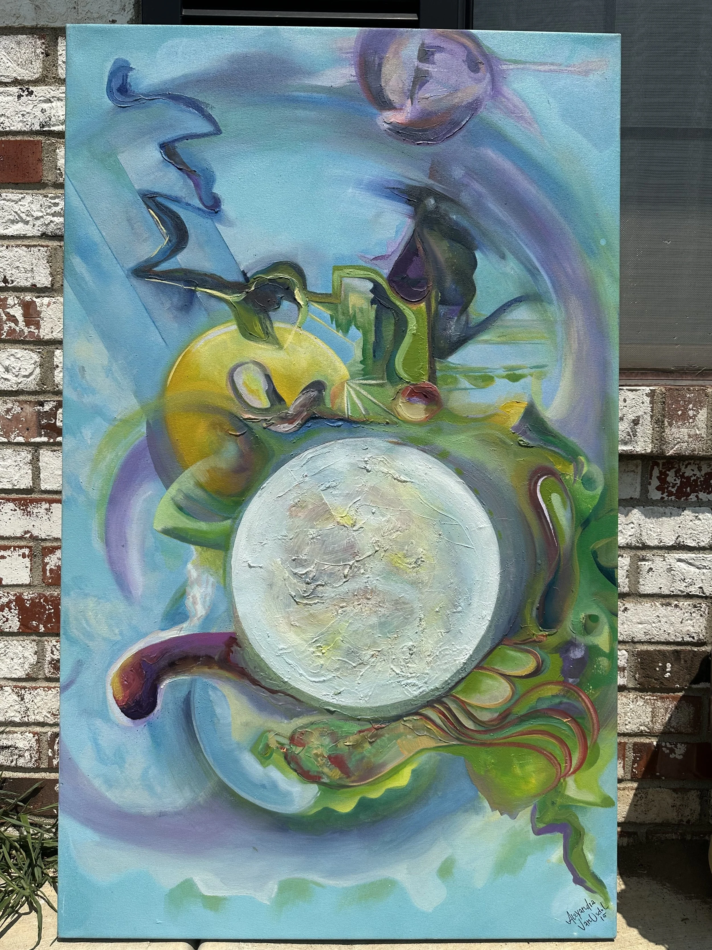 Abstract painting with swirling colors, a large white circle in the center, and various vibrant shapes and brushstrokes.
