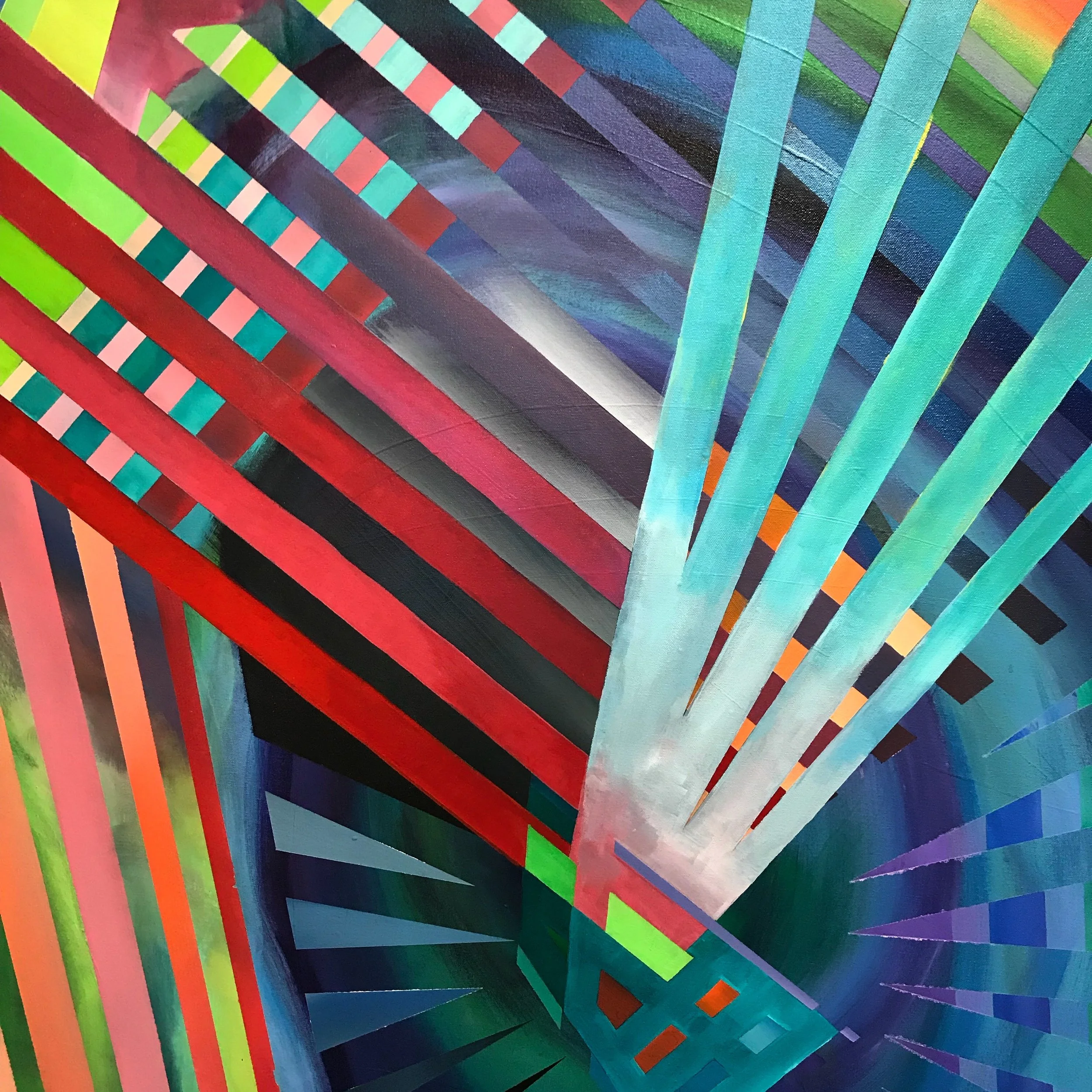 Abstract geometric painting with intersecting lines and shapes in vibrant colors like red, green, blue, black, pink, orange, and purple.