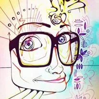 Colorful, abstract drawing of a person's face with glasses, surrounded by whimsical, doodle-like patterns and lines.