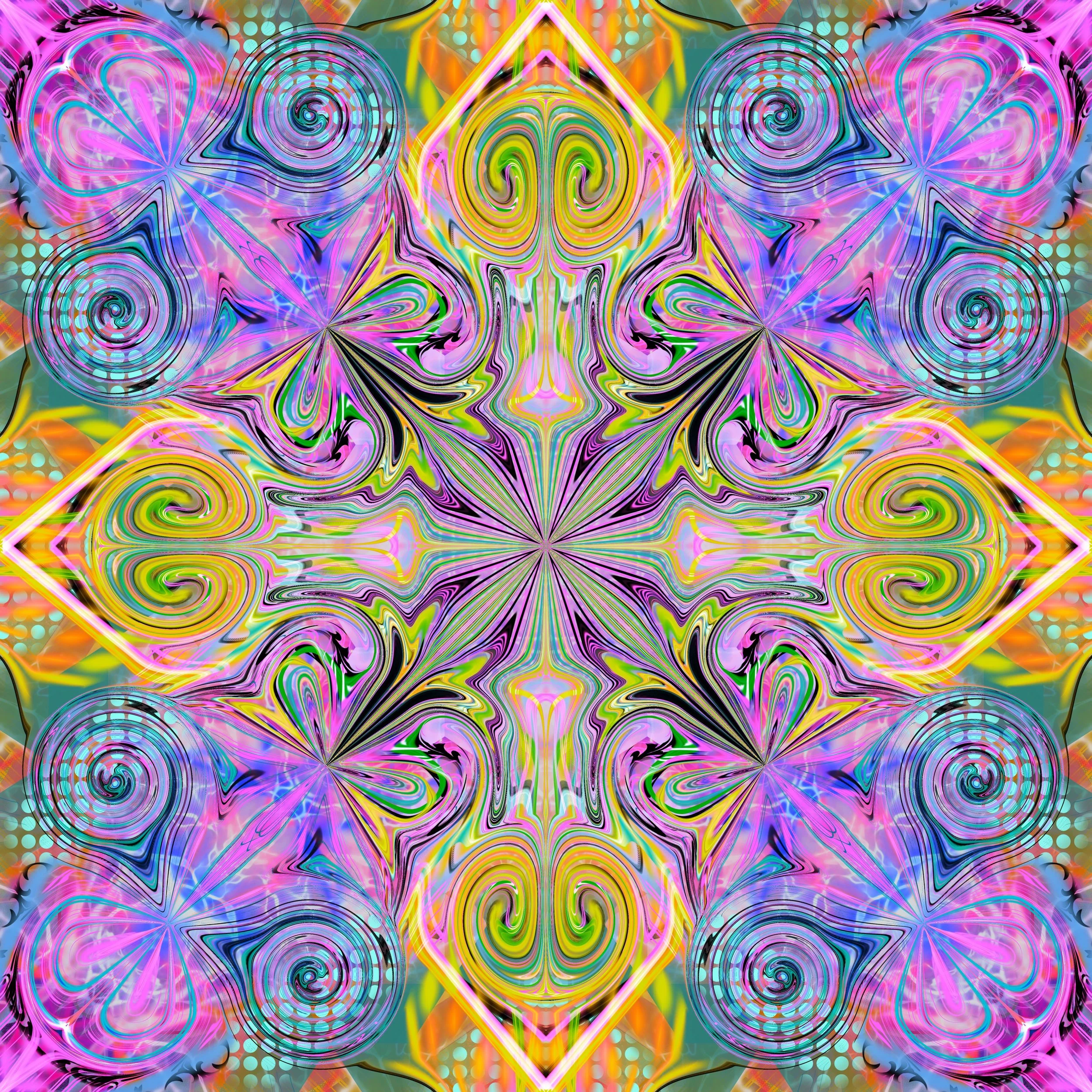 A vibrant, symmetrical kaleidoscopic pattern featuring swirling lines and curves in various colors including pink, purple, blue, green, yellow, and orange.