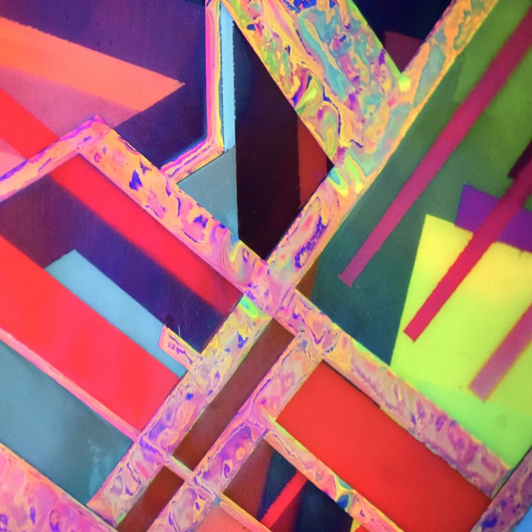 Colorful geometric abstract art with neon hues and layered shapes.