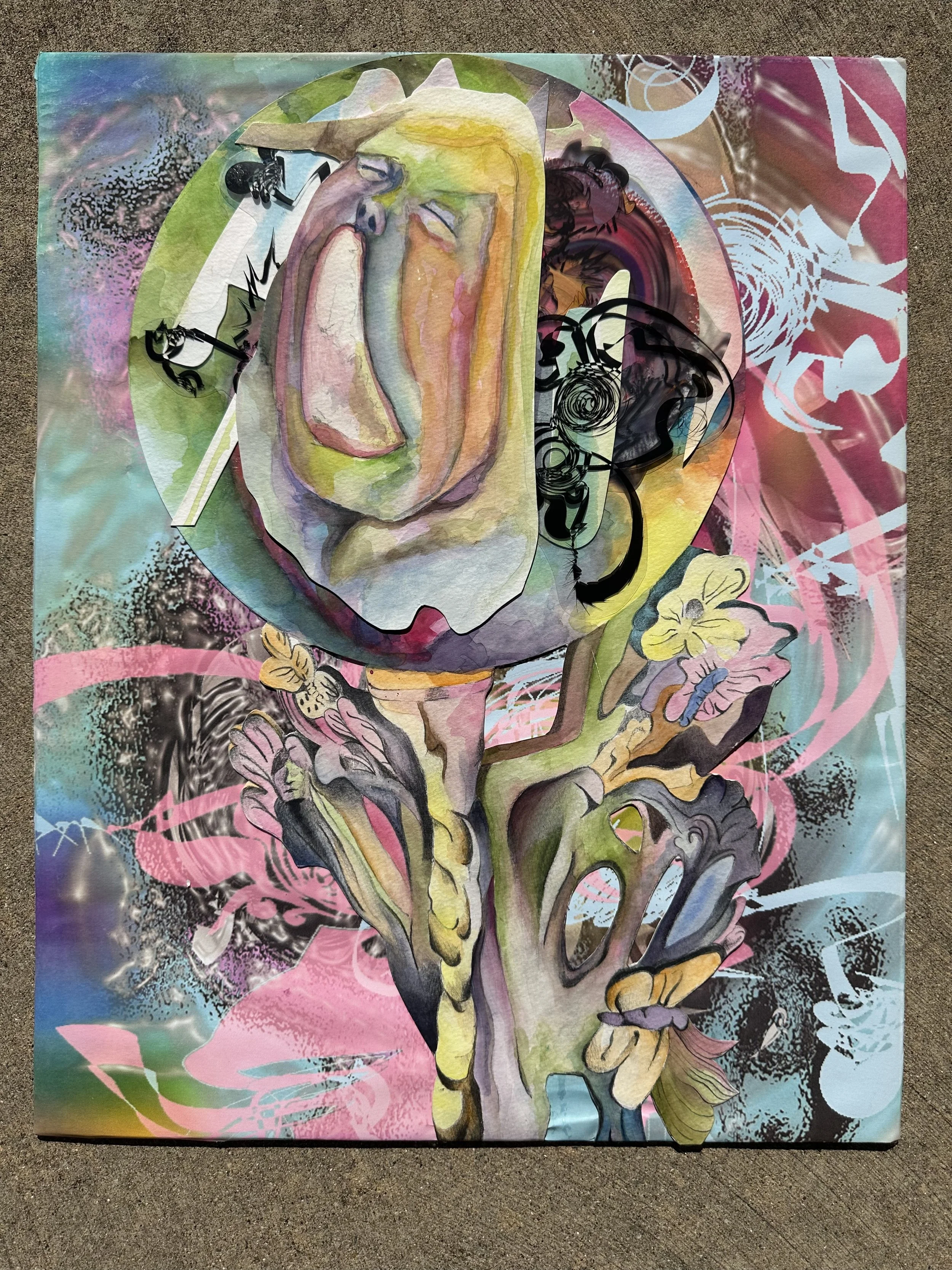 A vibrant painting featuring a large, stylized face with an open mouth as a central element, surrounded by abstract shapes, floral motifs, and spray paint effects in pastel and bright colors.