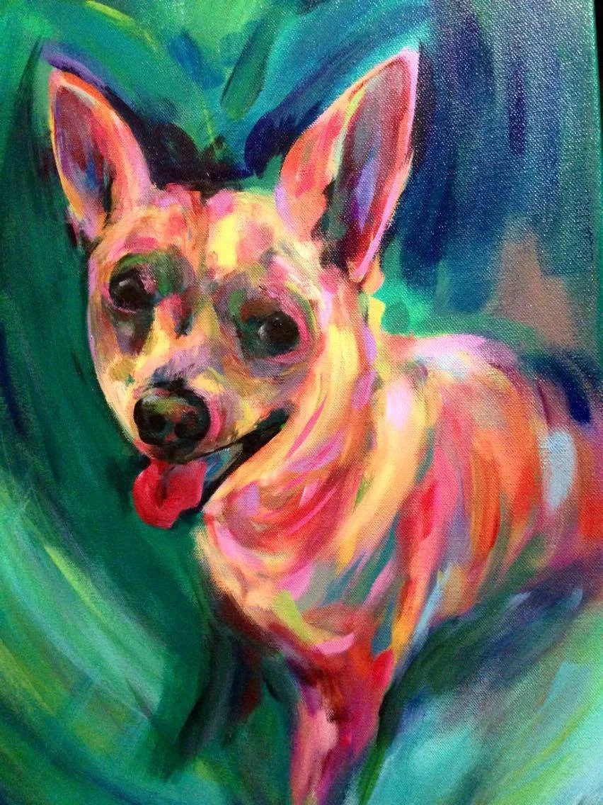 A colorful painting of a dog, possibly a Chihuahua, with its tongue out, using bright pinks, greens, blues, and yellows.