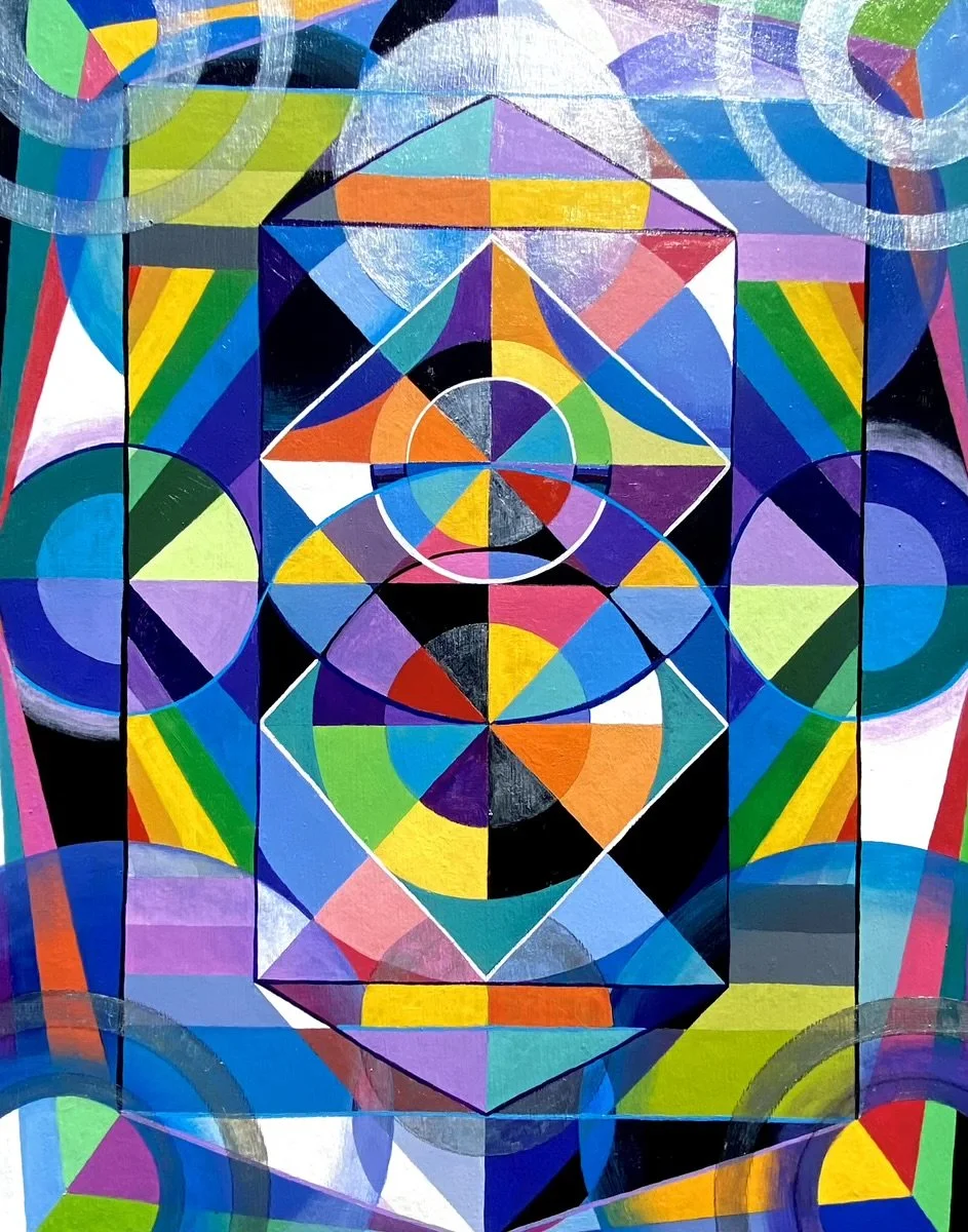 A colorful abstract geometric painting featuring circles, triangles, squares, and diamonds in various vibrant colors, layered to create a complex pattern.