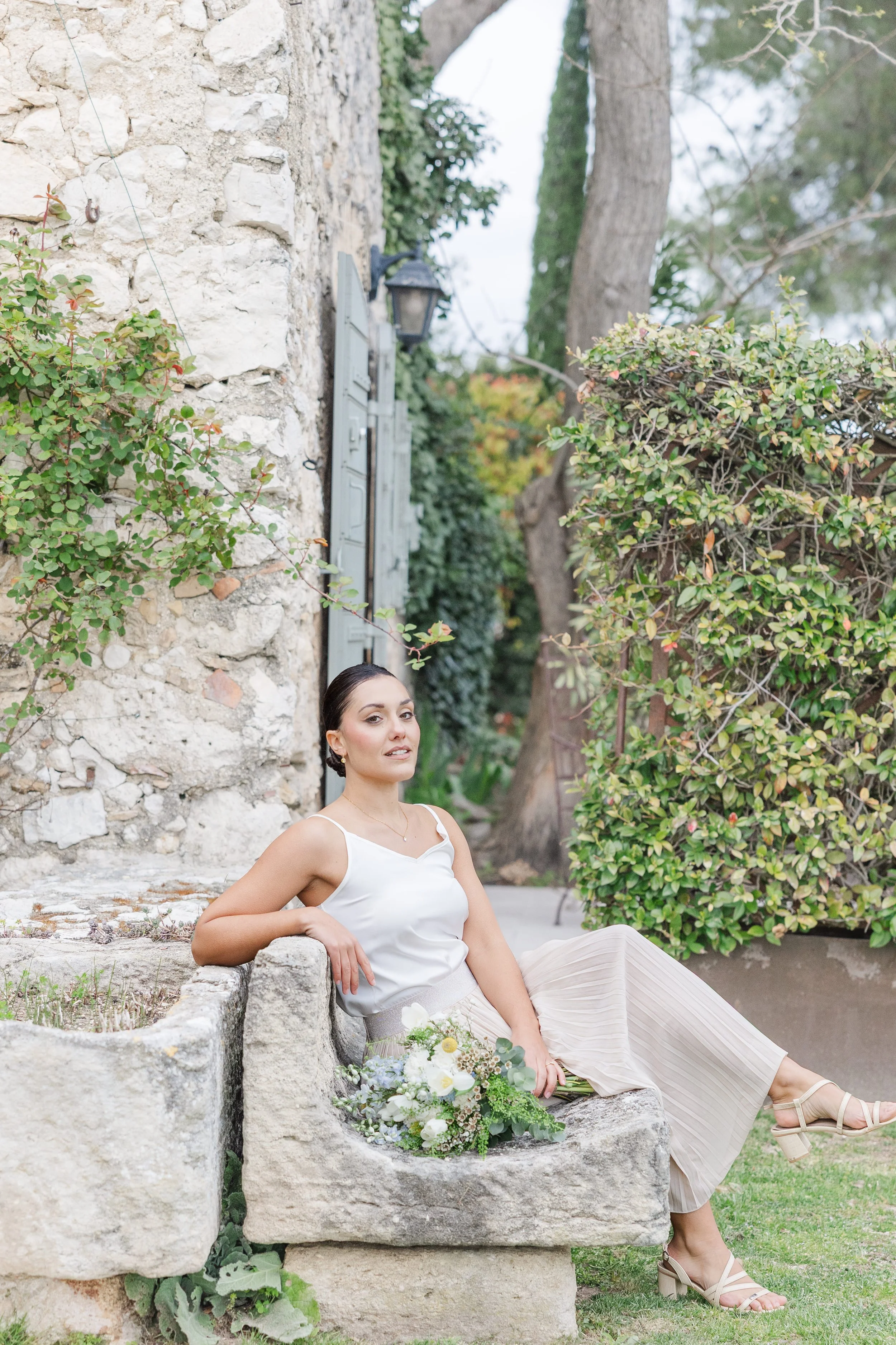 Woman Sitting Stone Bench Provence