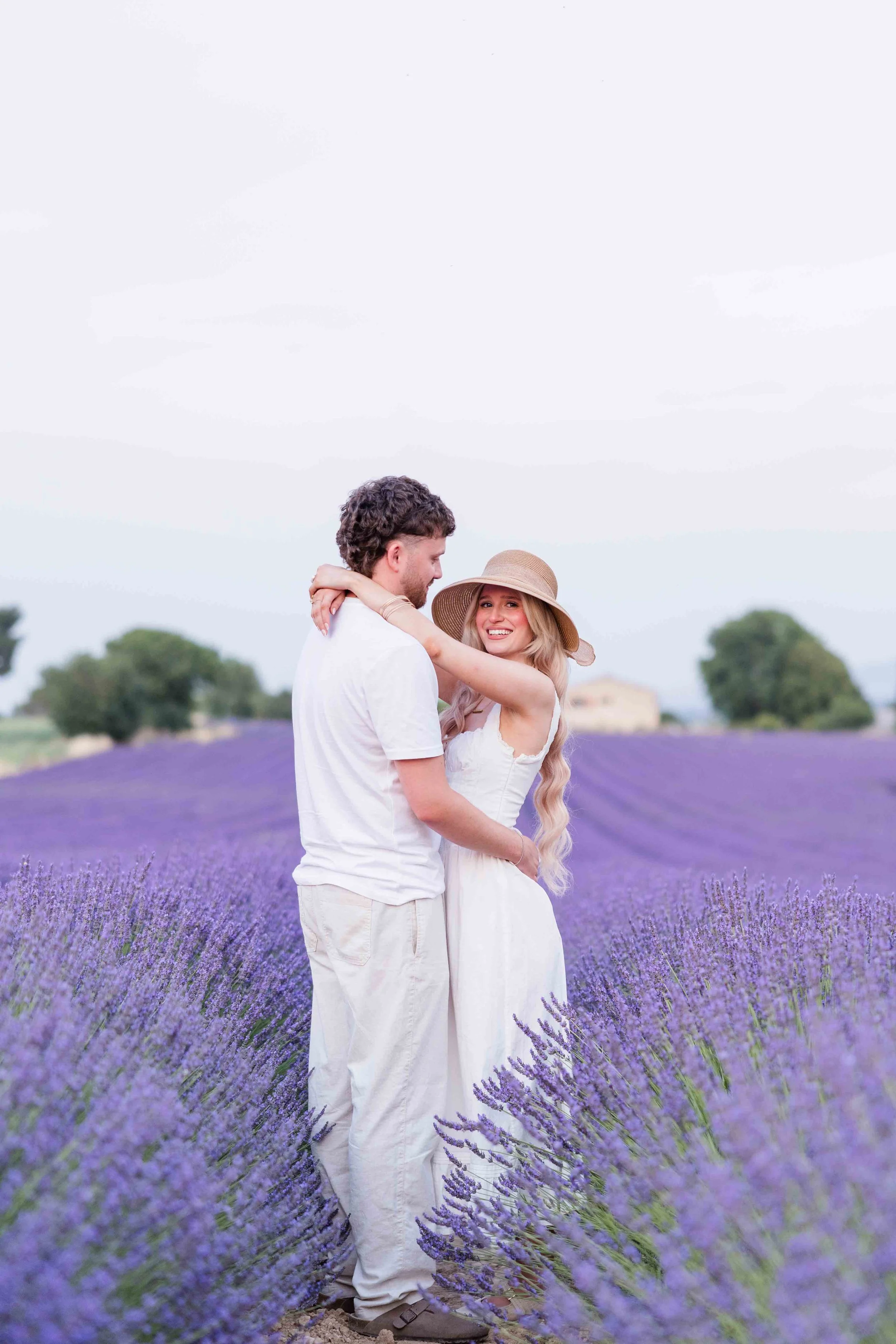  Couple standing together among blooming lavender rows in Provence, France. 