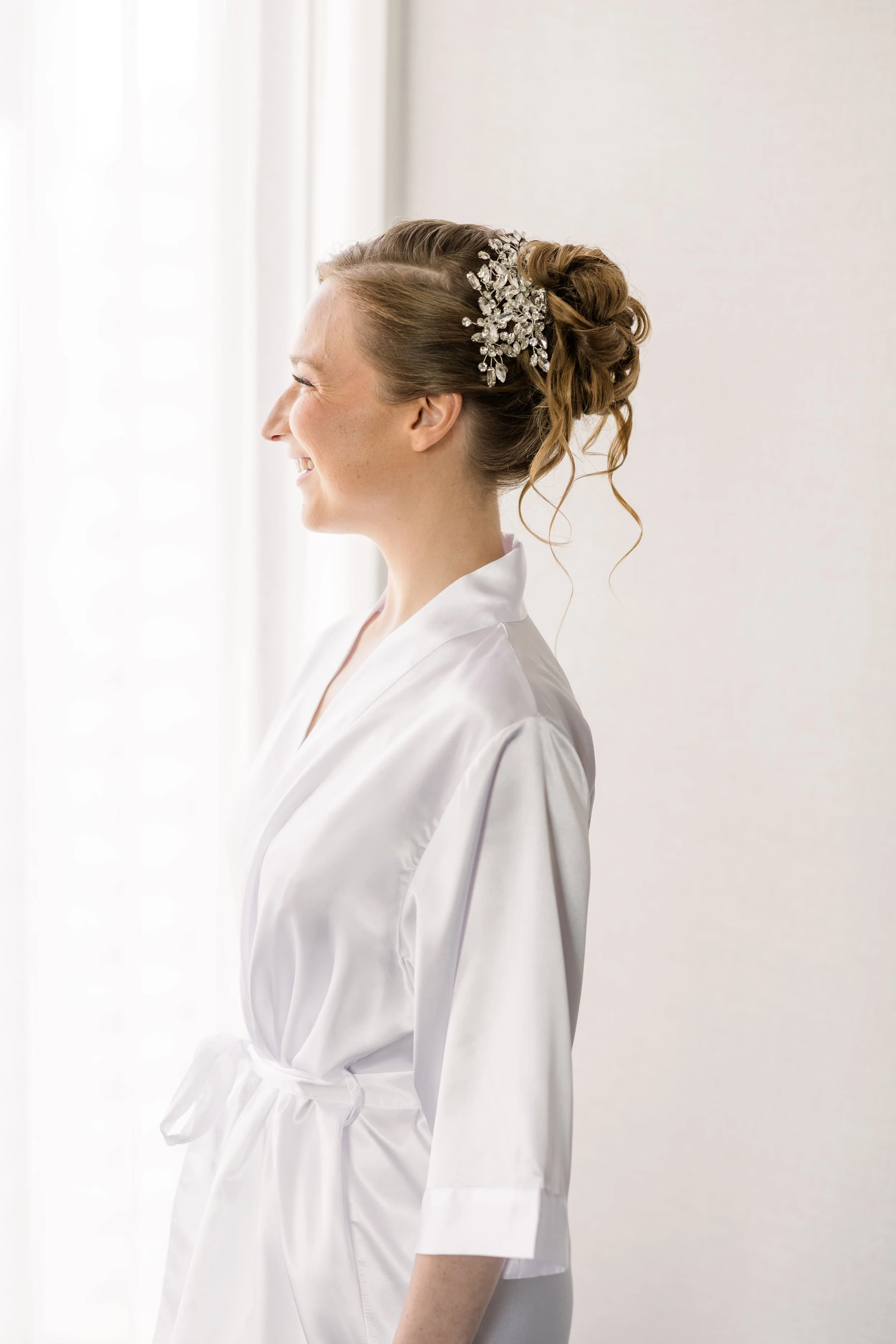 Bridal portrait when she is in her pj, ready to get dressed