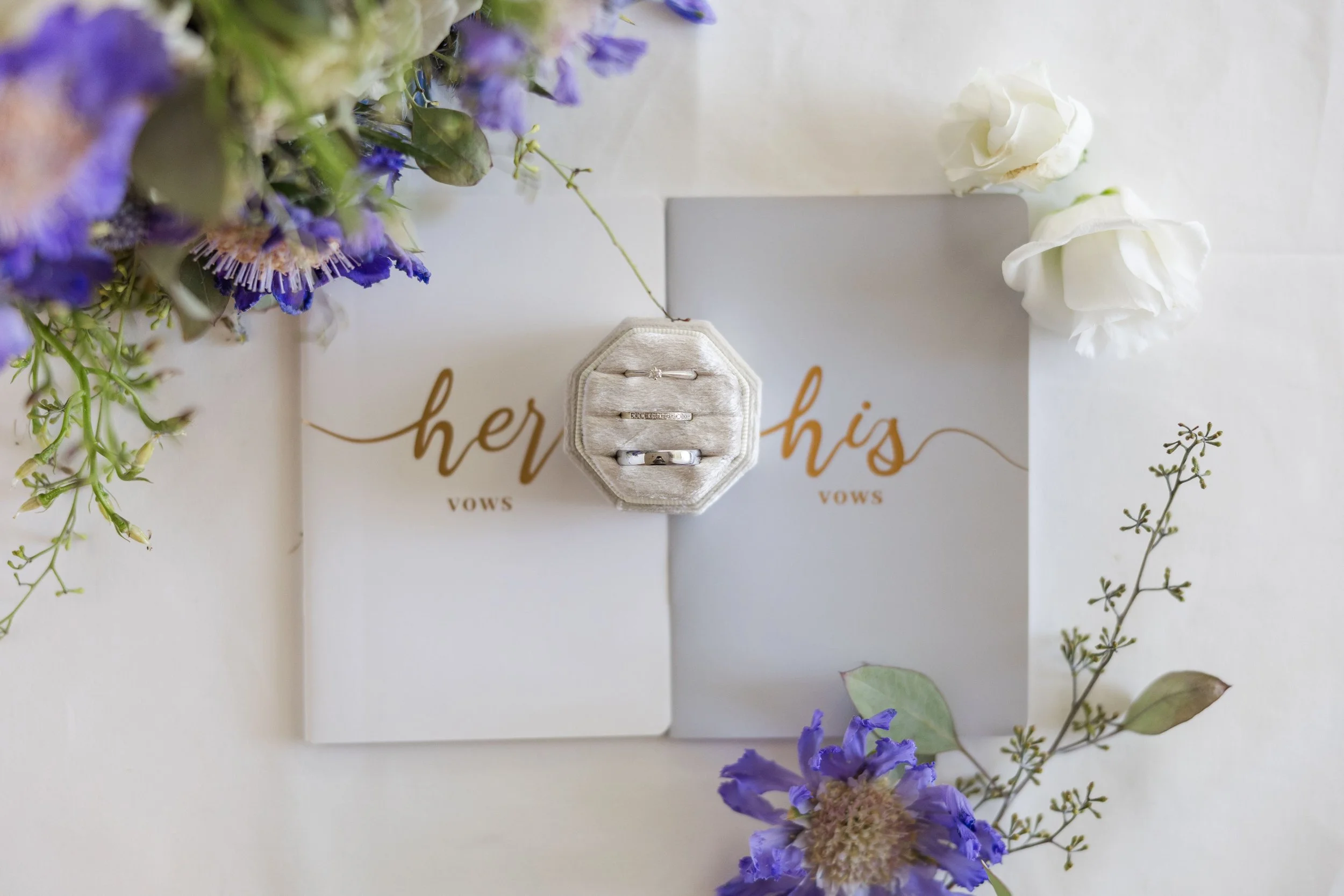 Flat lay of vibrant purple flowers arranged artistically on a white background